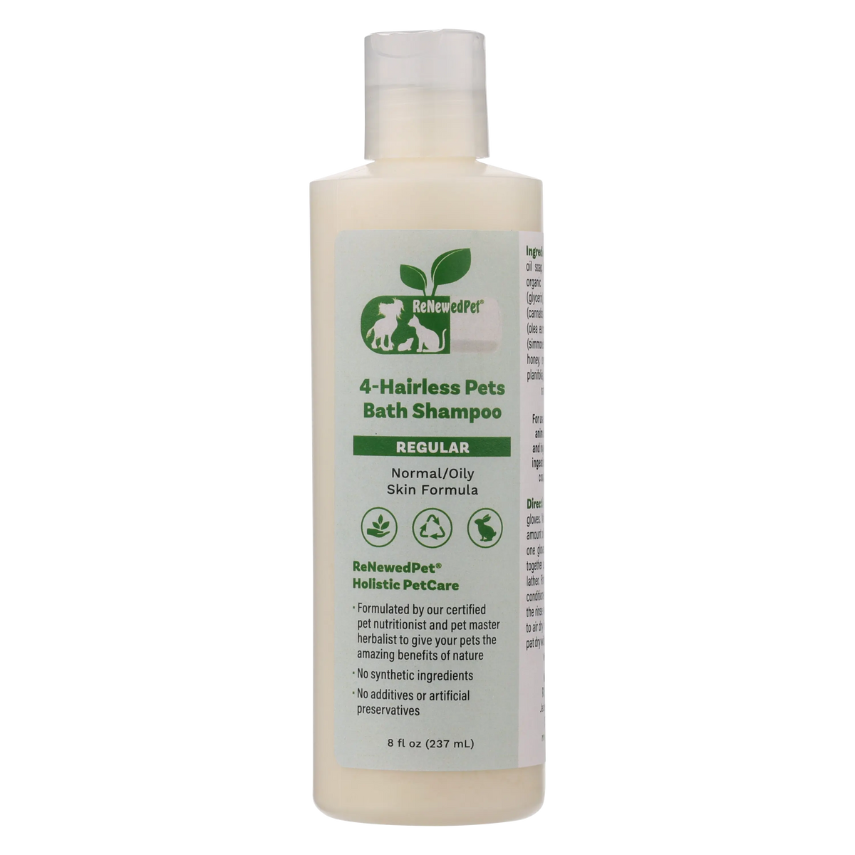 Bottle of 4-Hairless Pets Bath Shampoo on a white background