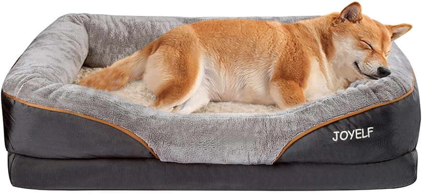 Dog sleeping on a gray and brown pet bed with 'JOYELF' branding.