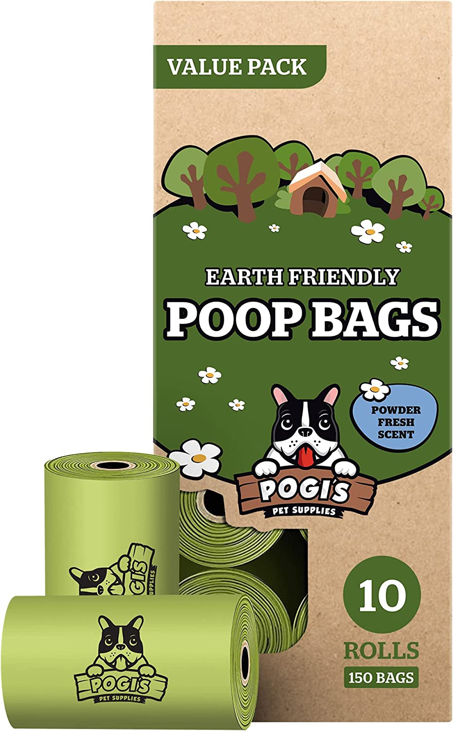 Packaging of Earth Friendly Poop Bags with a cartoon dog and cat design on a green and brown background.