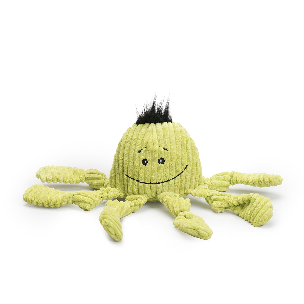 Green spider-shaped plush toy with a smiling face on a white background
