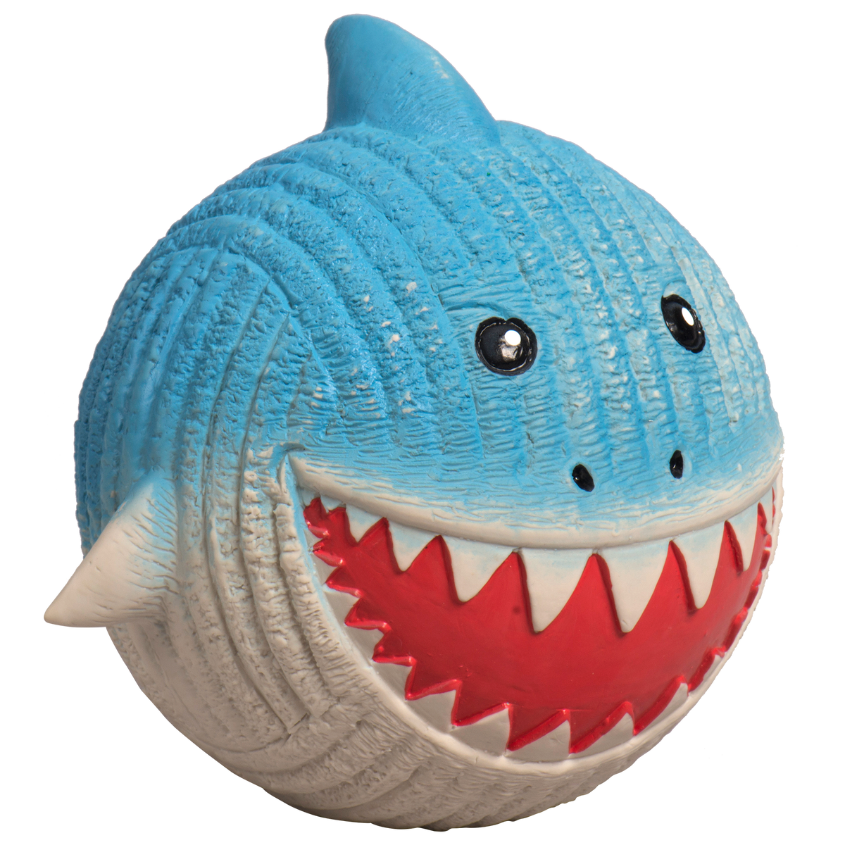 Toy shark with a blue body, red mouth, and white teeth on a white background