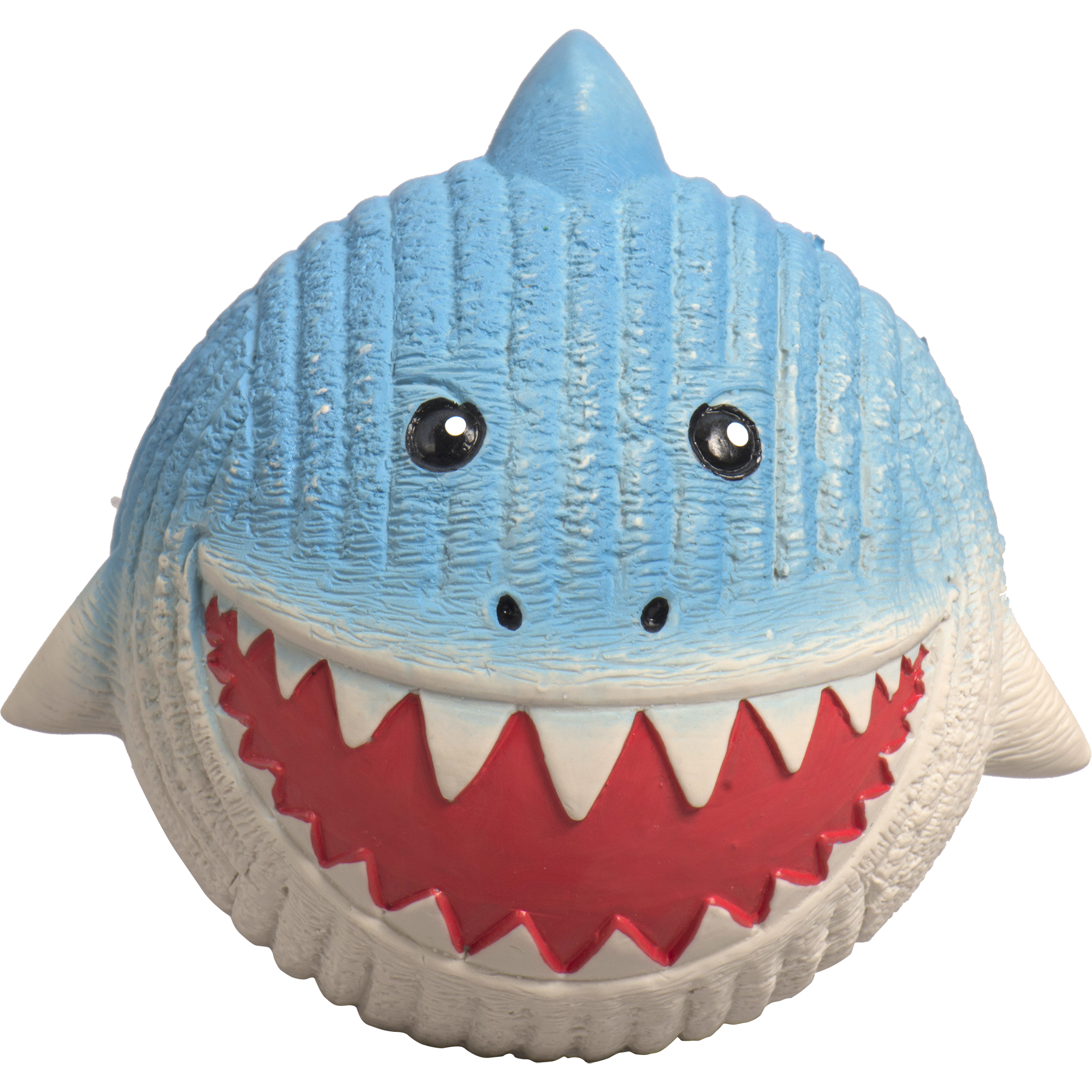 Toy shark with a blue body, white teeth, and red mouth on a white background