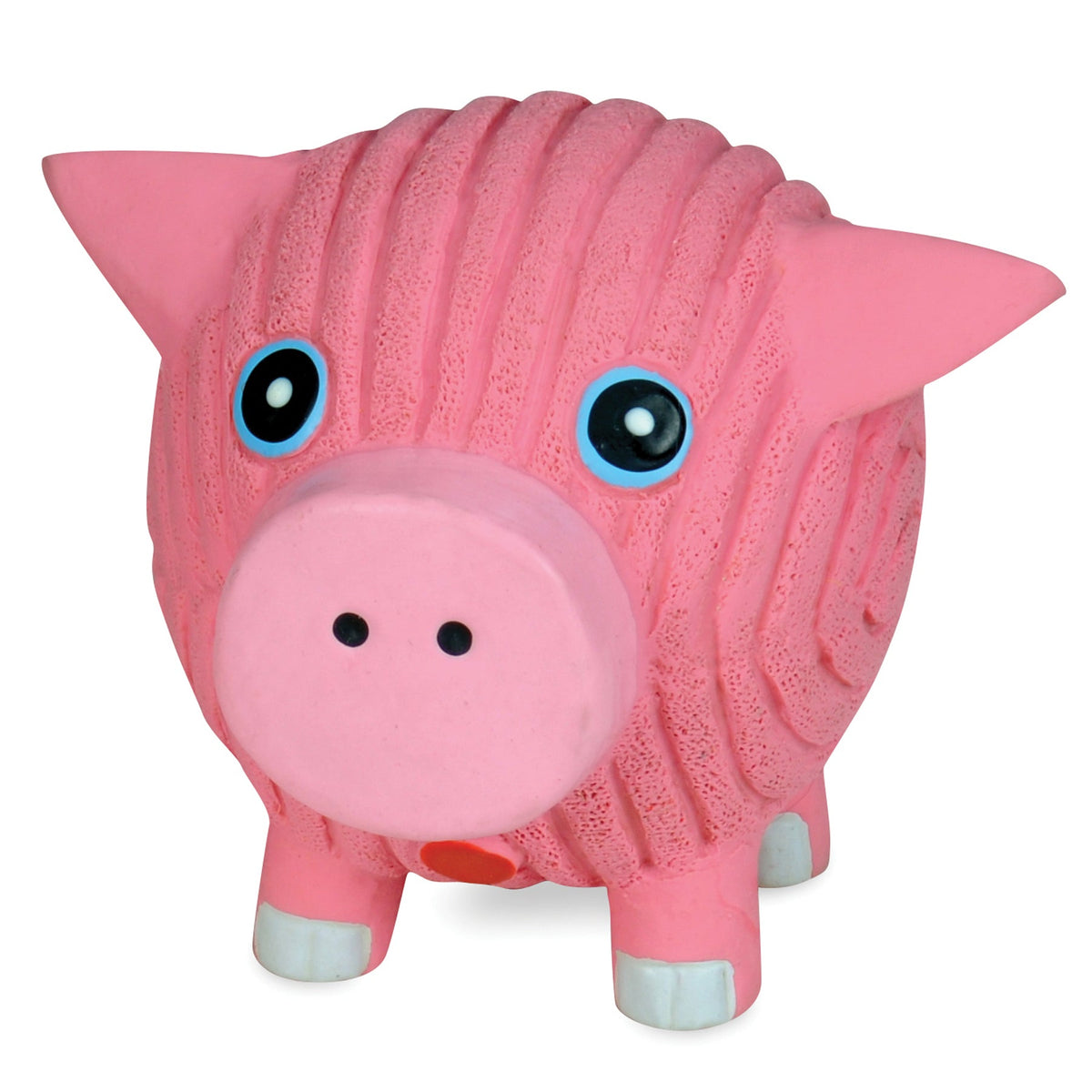 Pink textured piggy bank with blue eyes on a white background