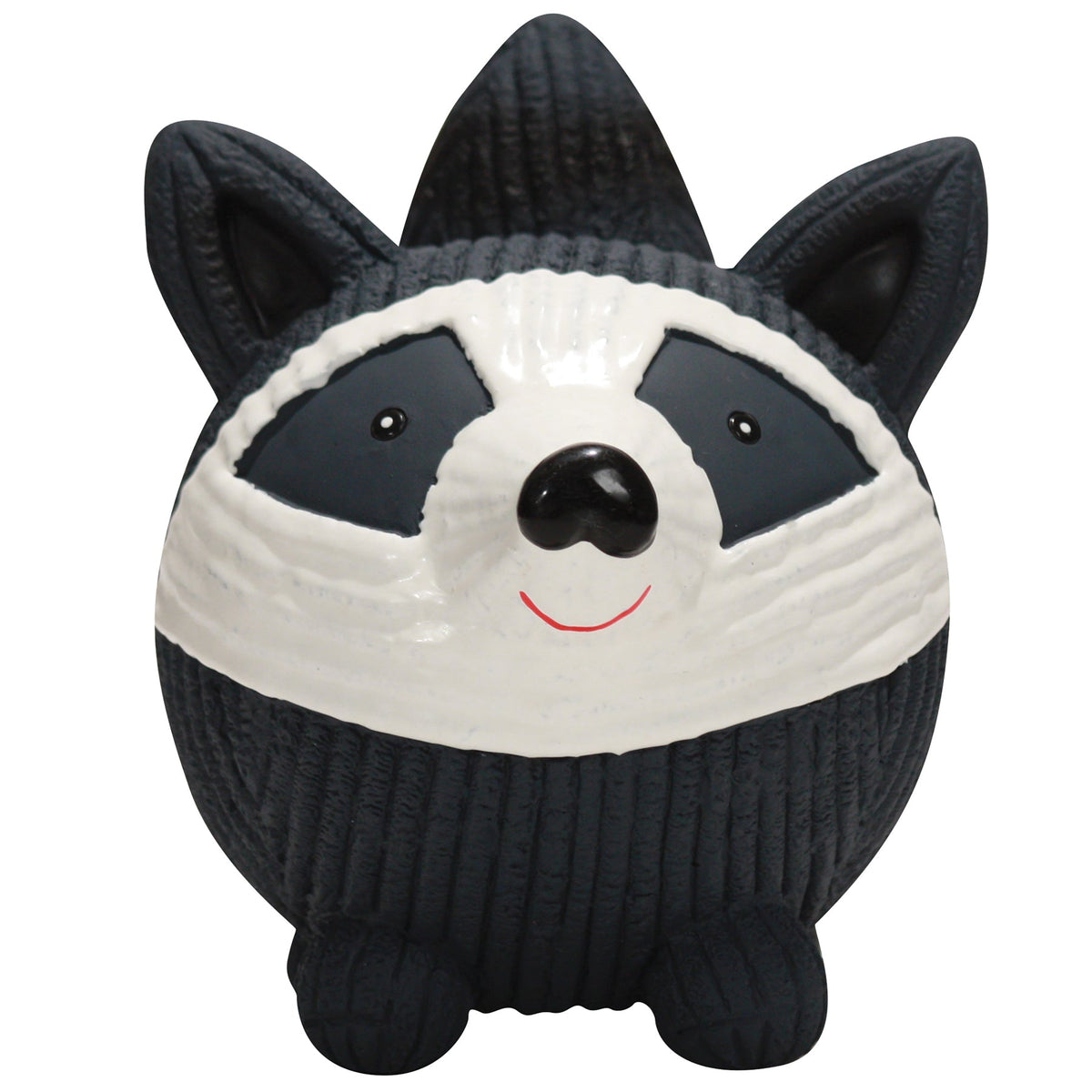 Plush toy raccoon wearing a black sweater on a white background
