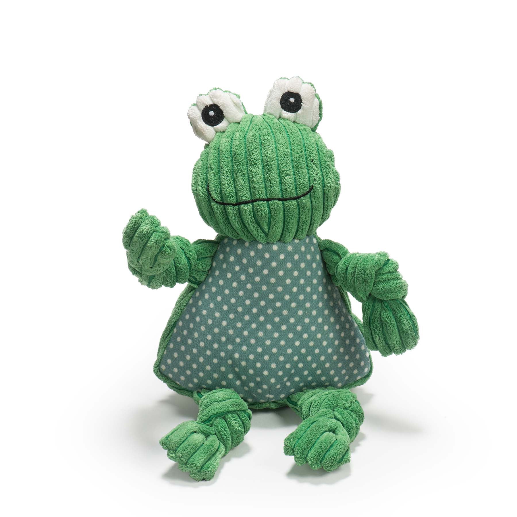 Green plush frog toy with polka dot belly on a white background