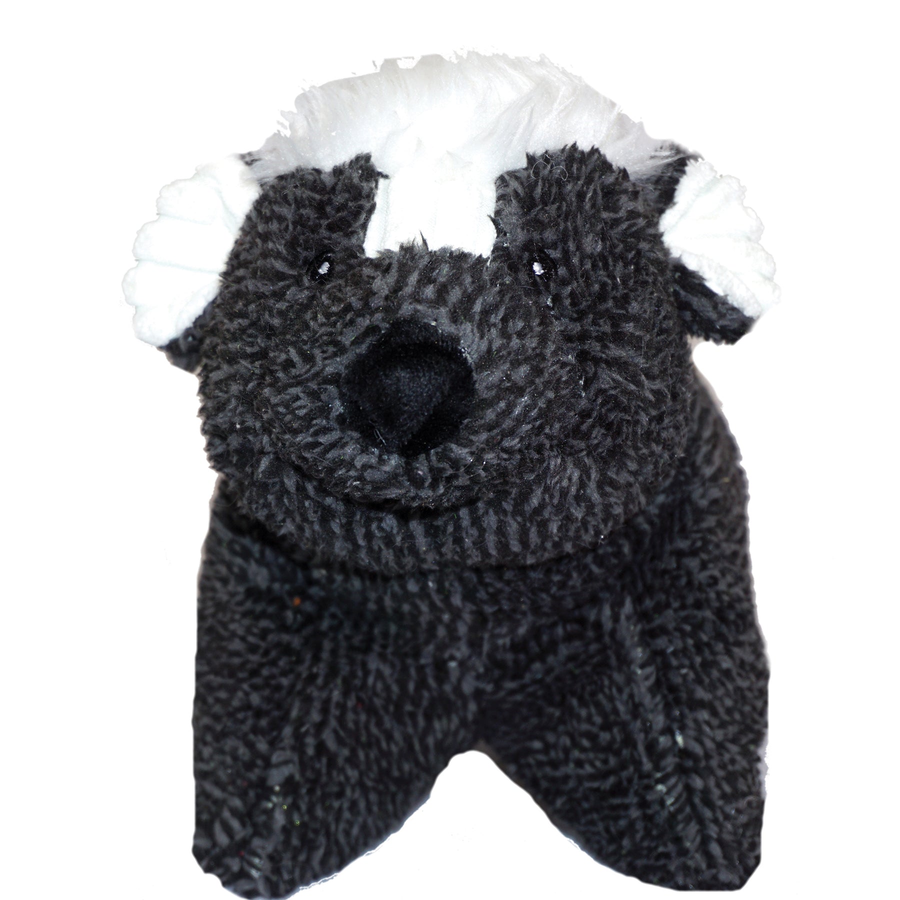 Gray knitted dog toy with white fur on a white background