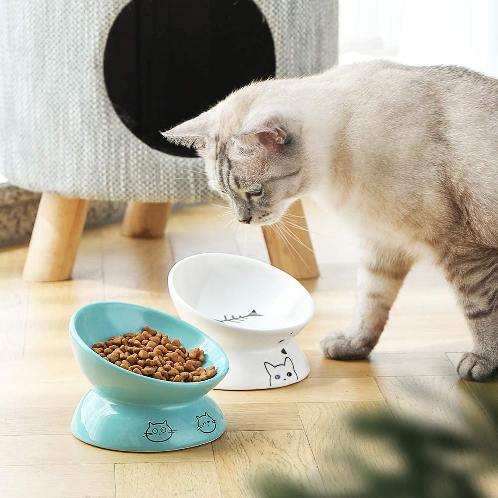 Sweejar Tilted Raised Ceramic Cat Bowl – 5 oz Elevated Food Dish for Neck Relief, Anti-Vomiting & Whisker Comfort | White | 5 Inch MJ's Pet Closet