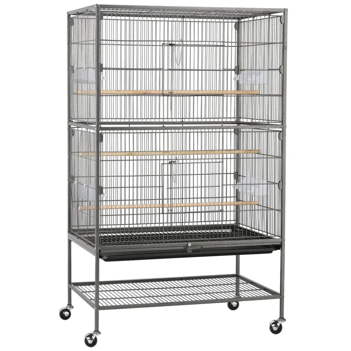Large bird cage with multiple levels and wooden perches on a white background