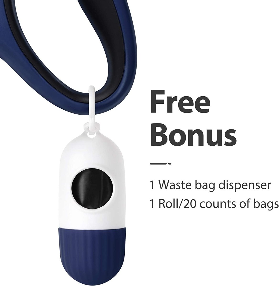 Waste bag dispenser with a roll of bags on a white background, labeled as a free bonus offer.