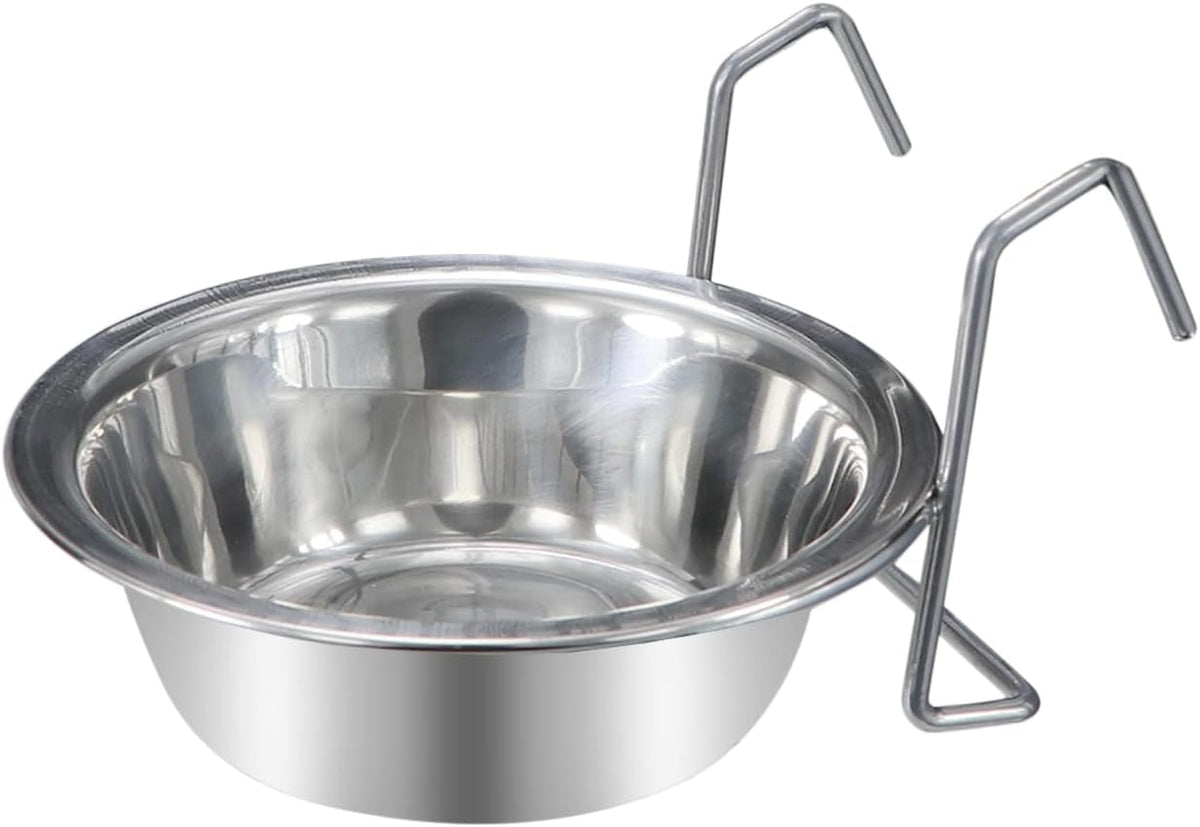Stainless steel hanging pet bowl on a white background