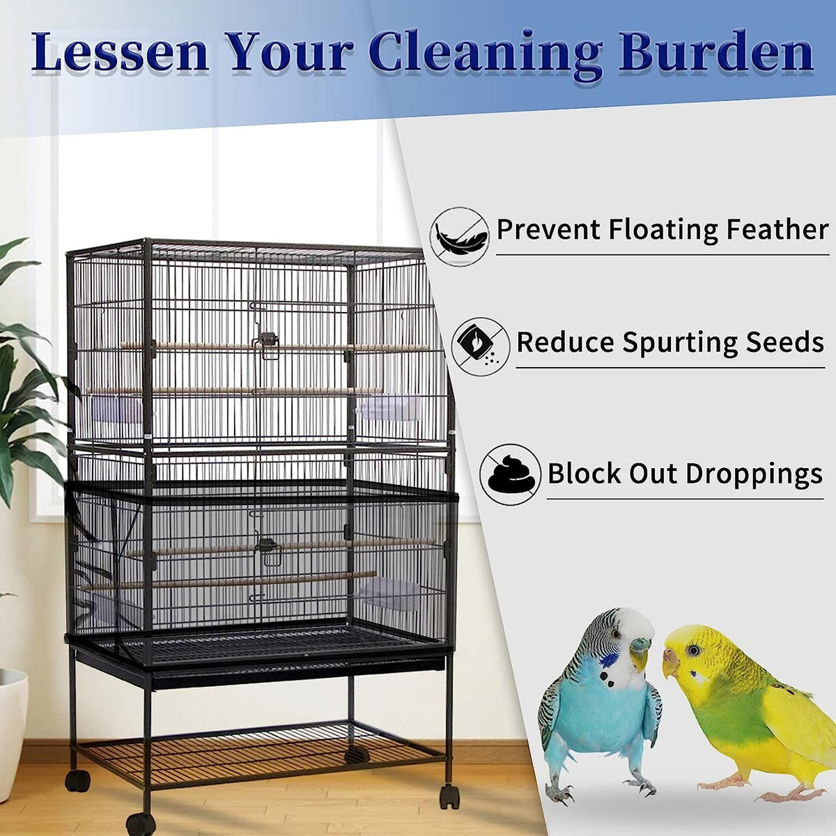 Black bird cage with features for pet care on a white background