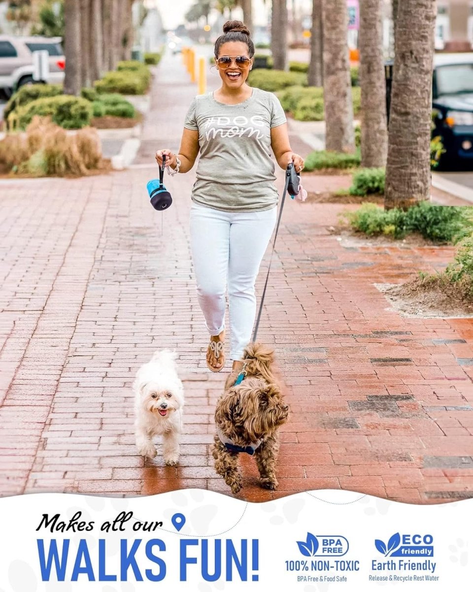 Woman walking two dogs on a sidewalk with promotional text about eco-friendly pet products.