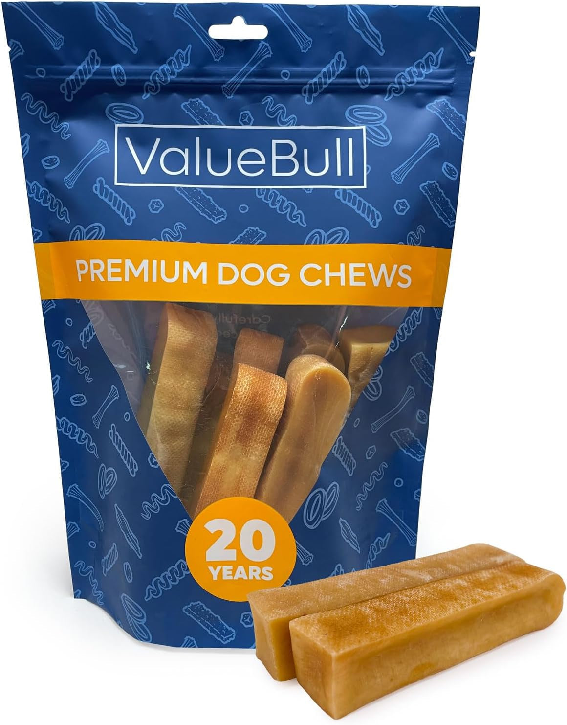 ValueBull premium dog chews packaging with two chews in front on a white background