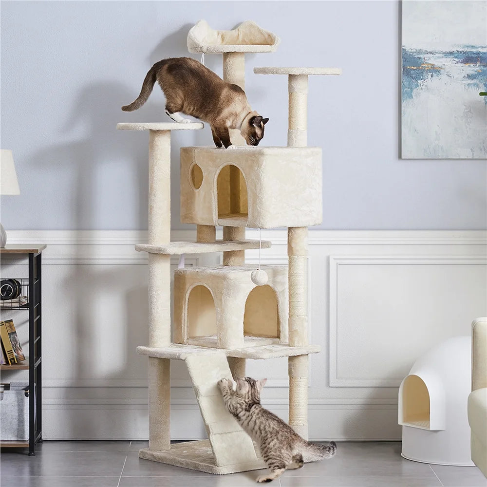 SmileMart 70" Double Condo Cat Tree – Beige, Multi-Level with Scratching Posts MJ's Pet Closet