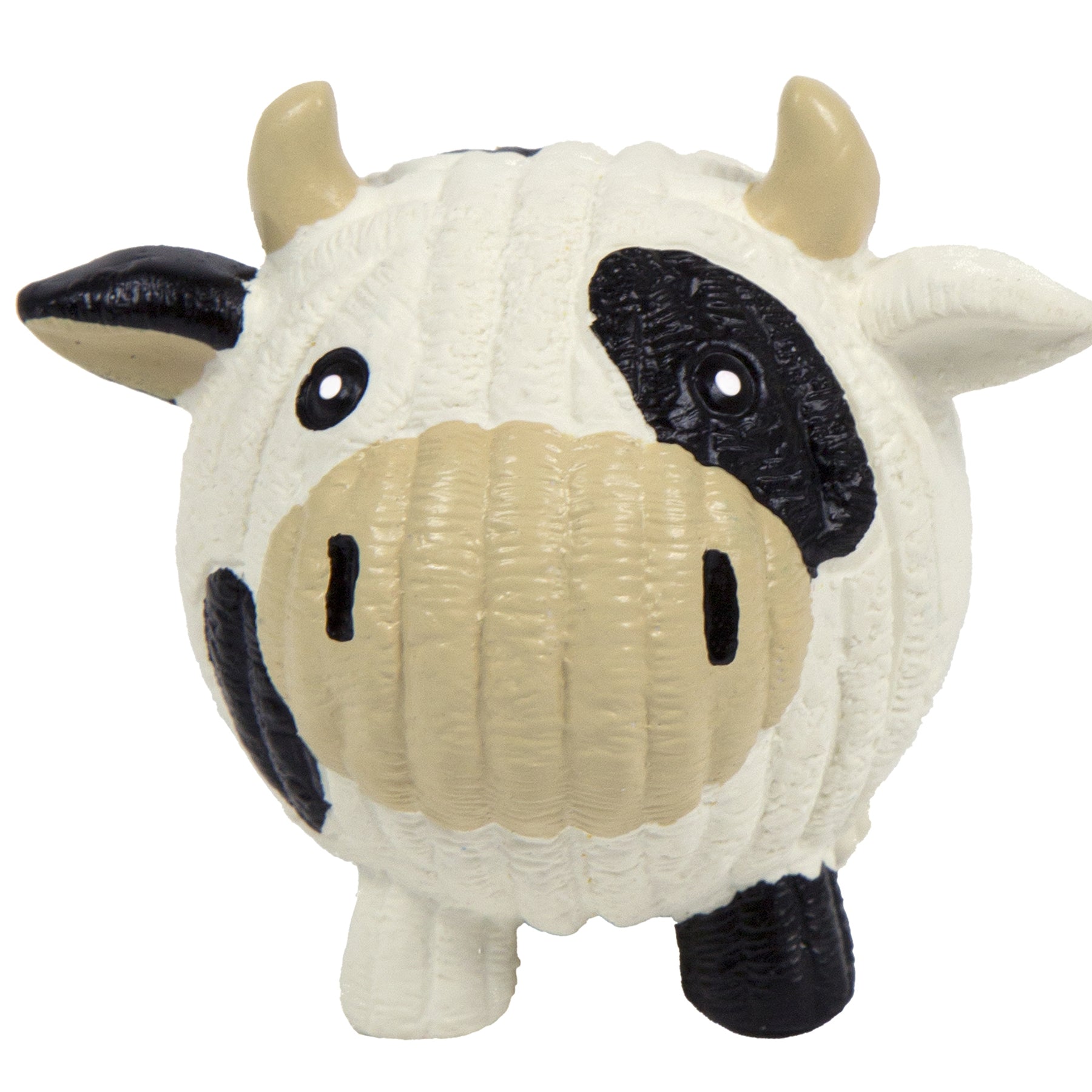 Small cow-shaped toy with black and brown markings on a white background