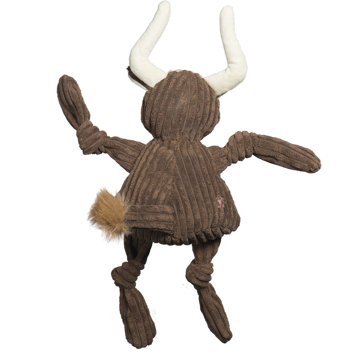 Brown plush toy resembling a bull with white horns on a white background