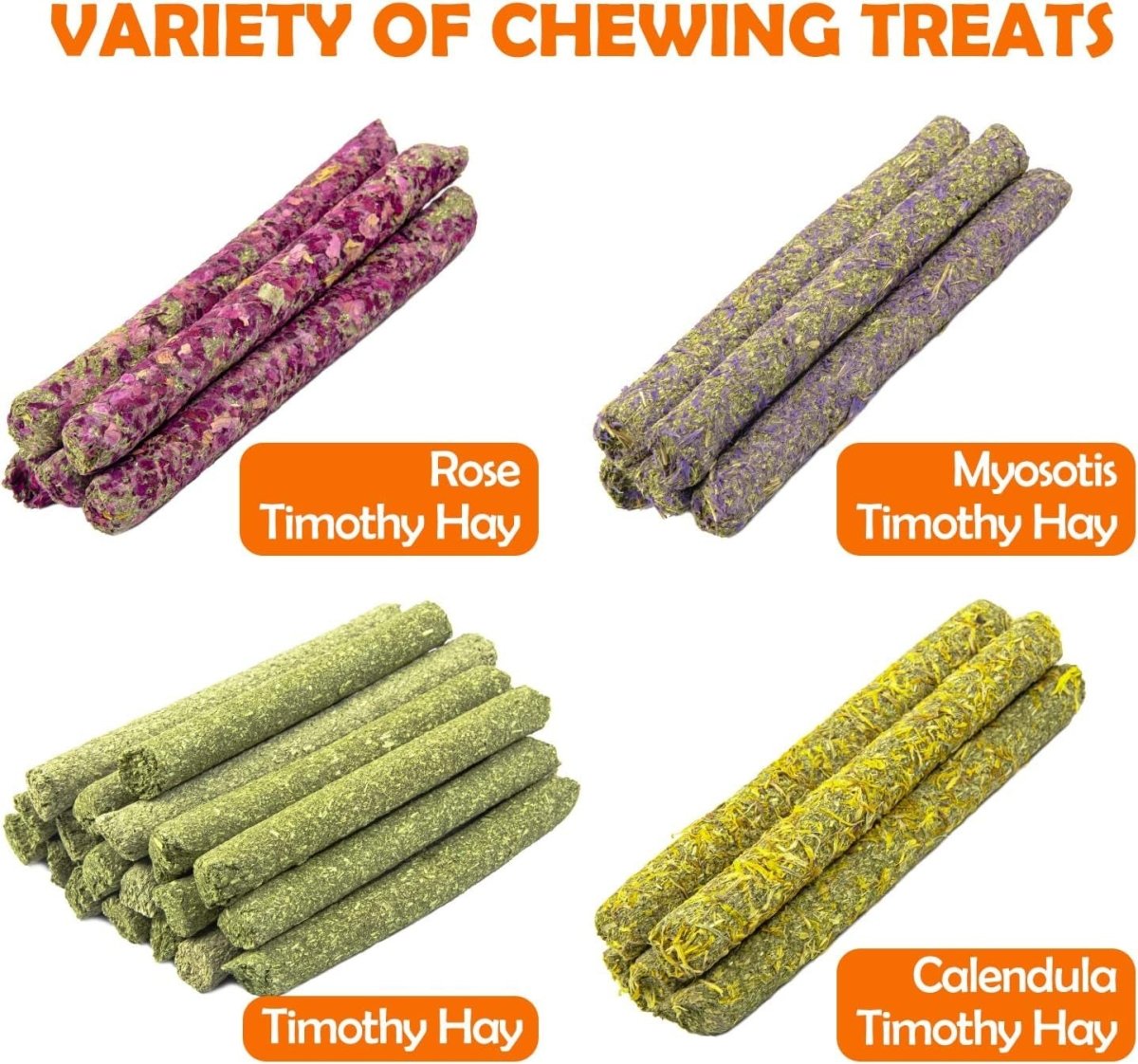 Four types of chewing treats labeled 'Rose Timothy Hay', 'Myosotis Timothy Hay', 'Timothy Hay', and 'Calendula Timothy Hay' on a white background.