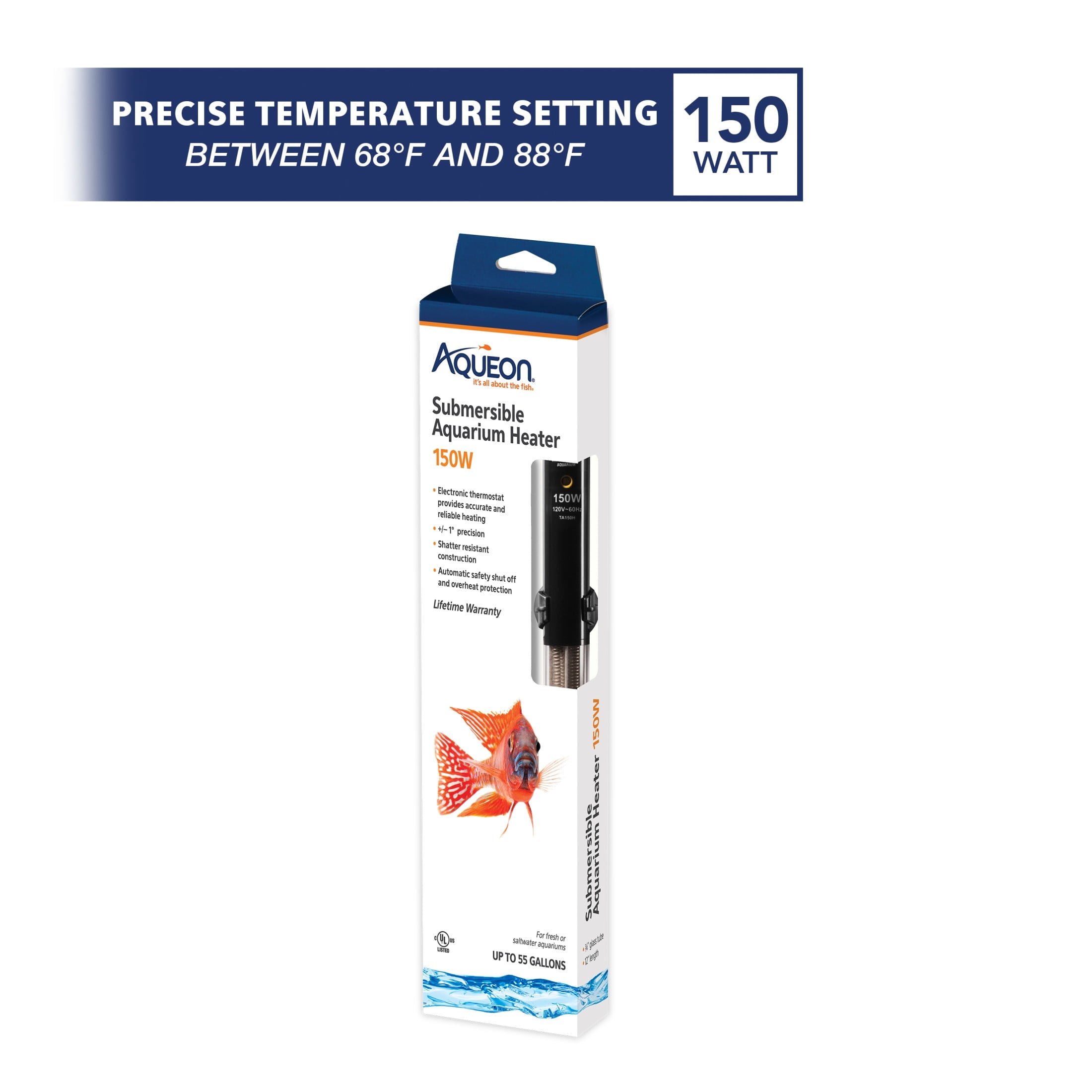 Aqueon 150-watt submersible aquarium heater packaging on a white background
