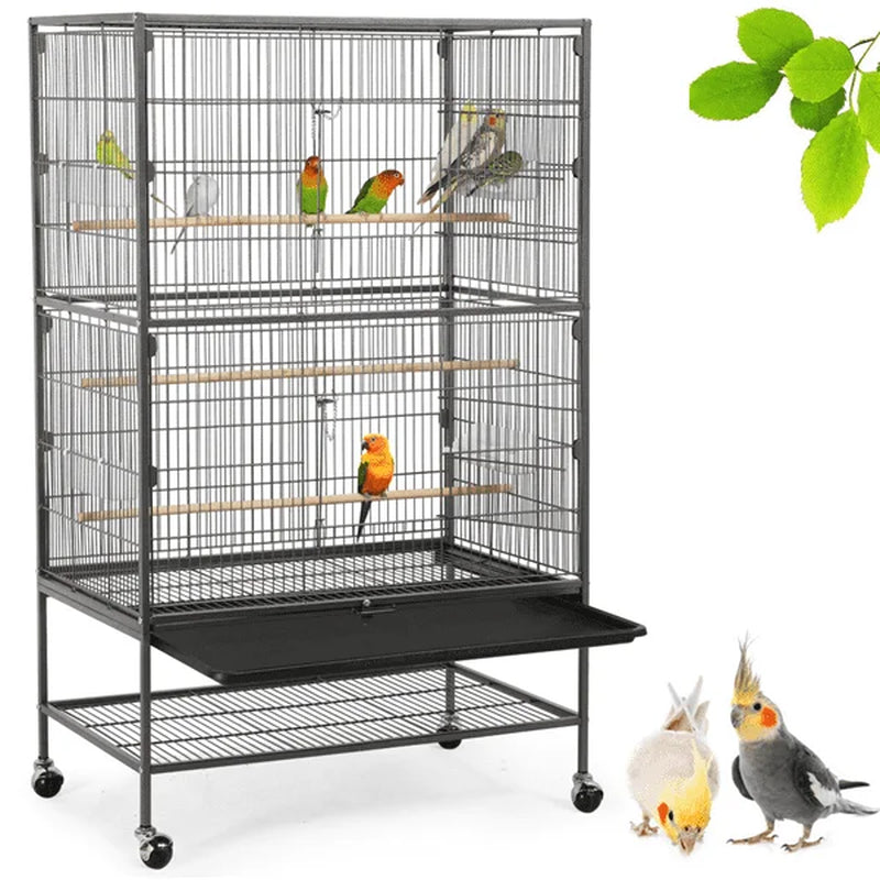 Metal 52" Large Rolling Bird Cage with 3 Perches & 4 Feeders MJ's Pet Closet
