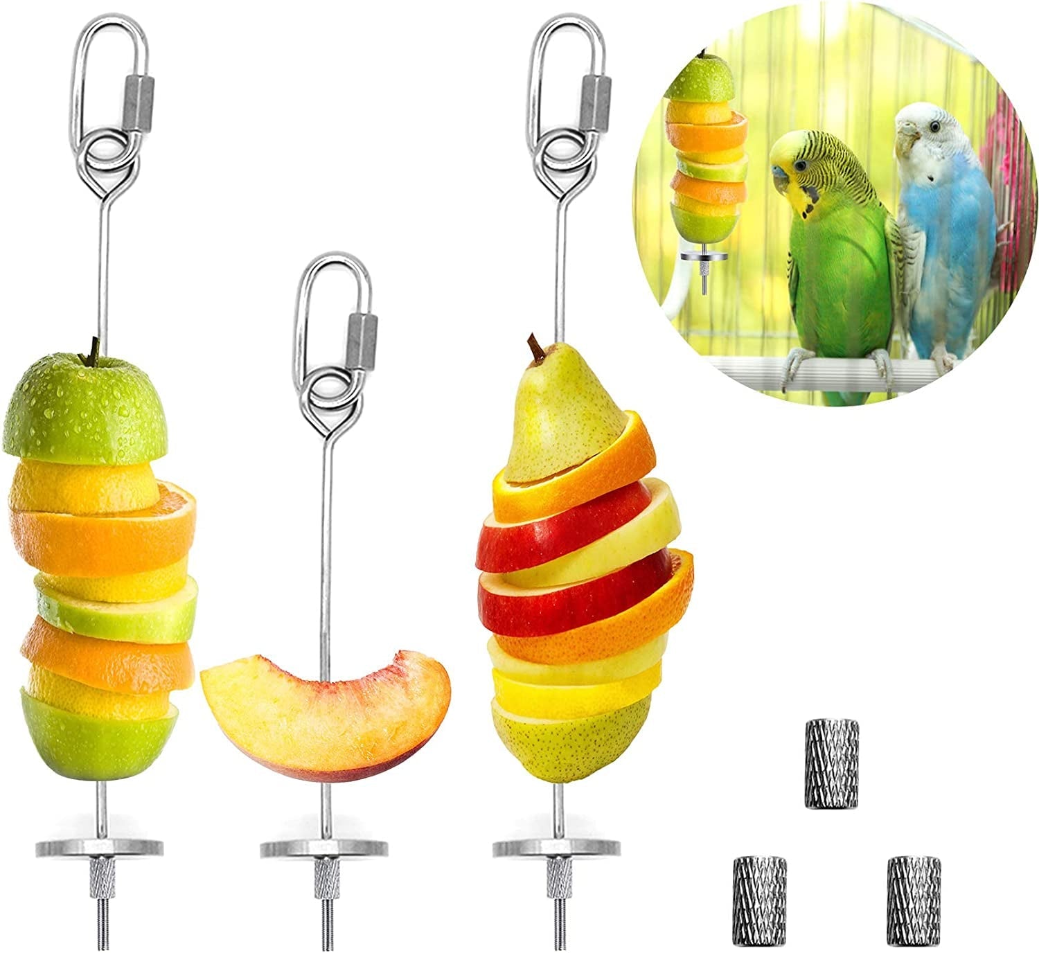 Fruit skewers with colorful fruit slices and a close-up inset of birds on a branch.