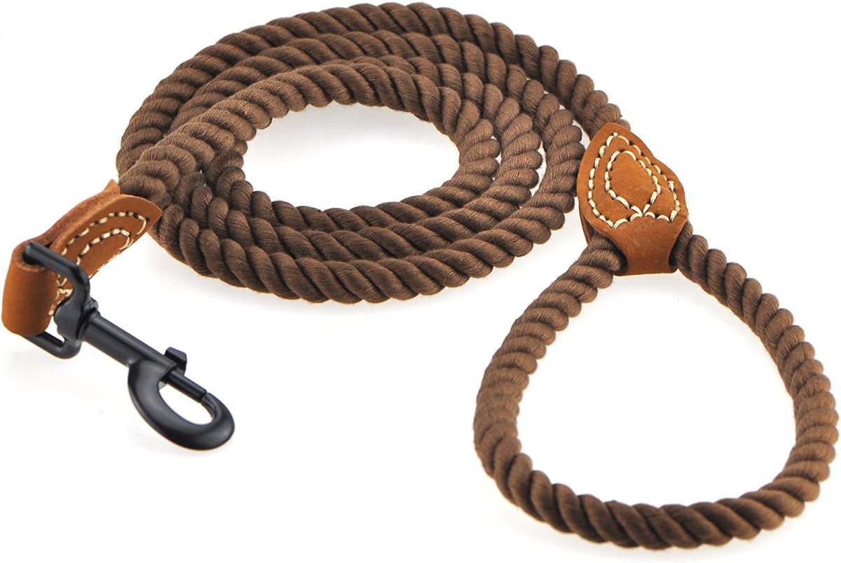 Braided Cotton Rope Dog Leash with Genuine Leather Handle – 4 Feet MJ's Pet Closet