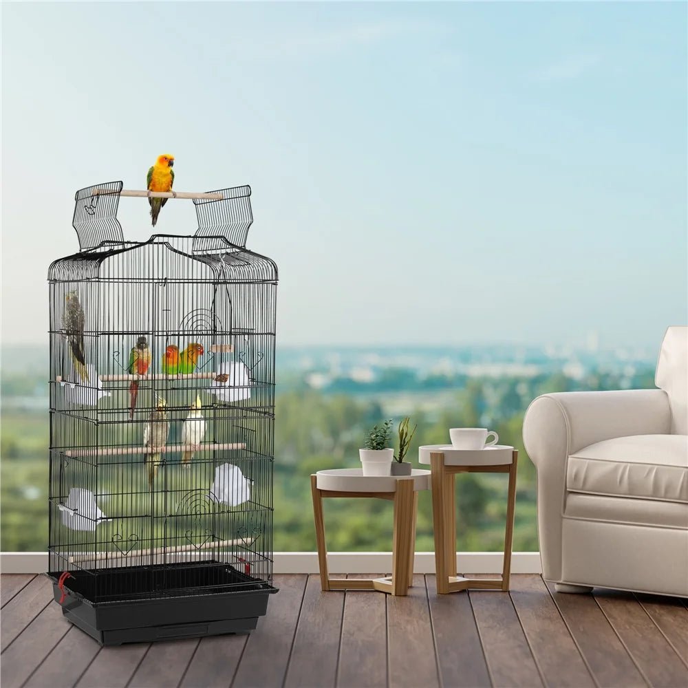 Yaheetech 41" Open Top Metal Bird Cage โ Interactive Play Top, Slide-Out Tray, Feeders & Perches | Black MJ's Pet Closet