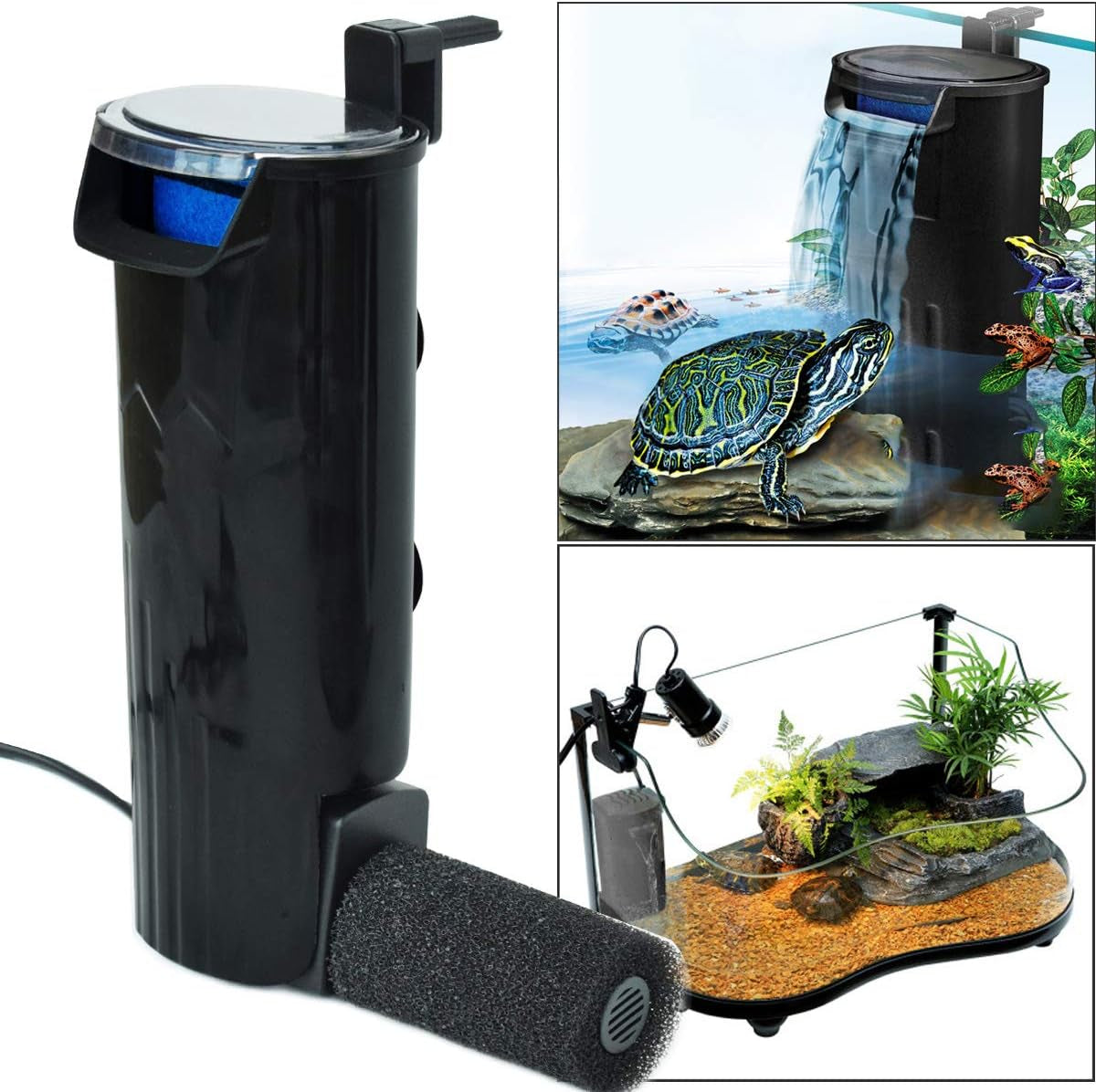 Aquarium filter with inset images of a turtle and an aquarium setup.