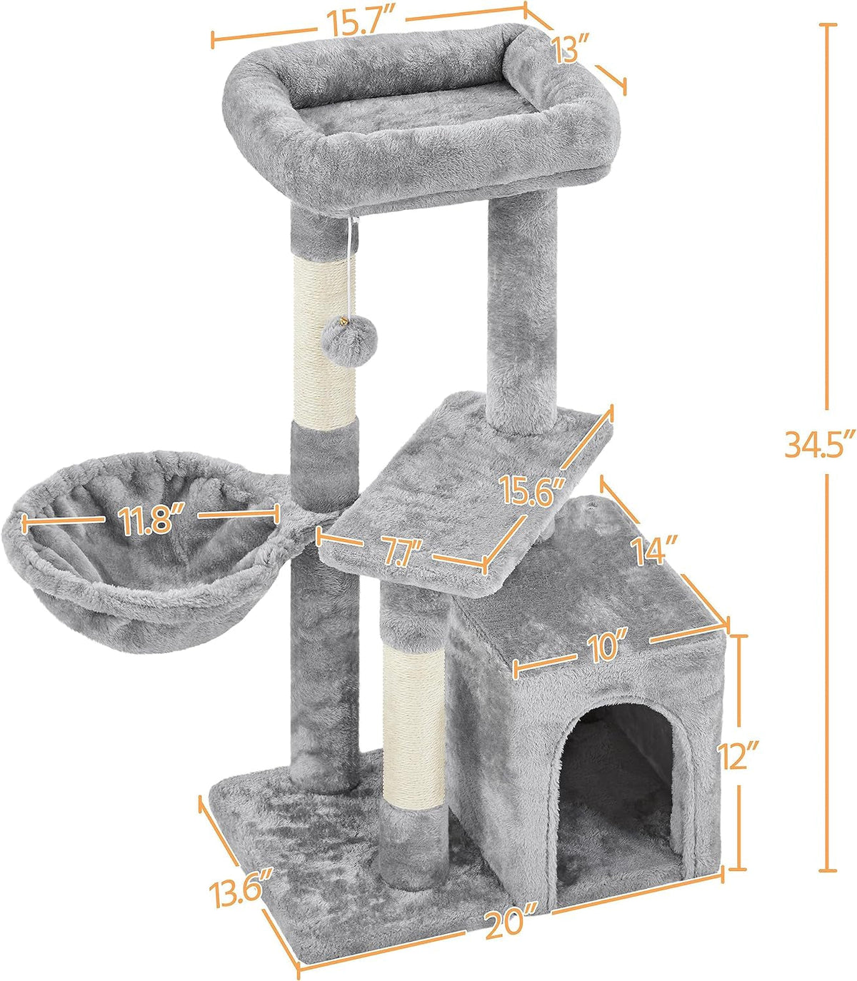 34.5" Multi-Level Cat Tree Tower with Condo, Basket, Nest & Sisal Scratching Posts – Light Gray MJ's Pet Closet