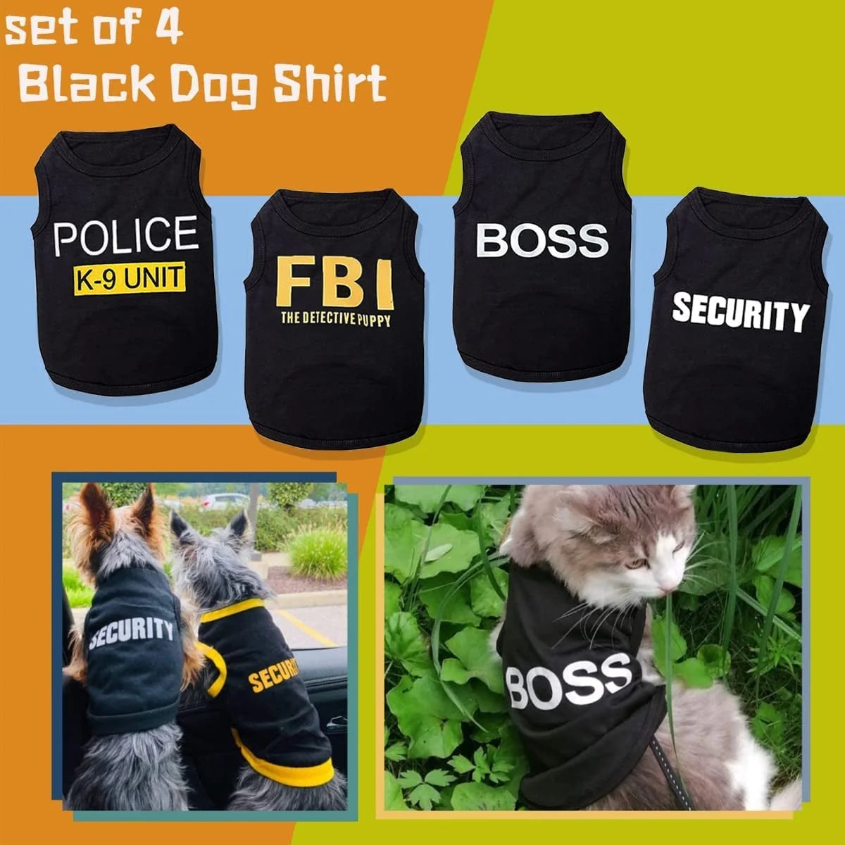 4-Pack Dog Shirts for Small Dogs – BOSS, FBI, K9 UNIT, SECURITY MJ's Pet Closet