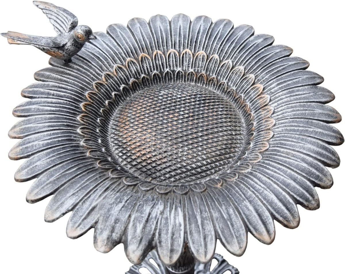 Antique Pewter Sunflower Cast Aluminum Bird Bath | 30.25"H | Weather-Resistant | Silver & Gold | Outdoor Garden Decor MJ's Pet Closet