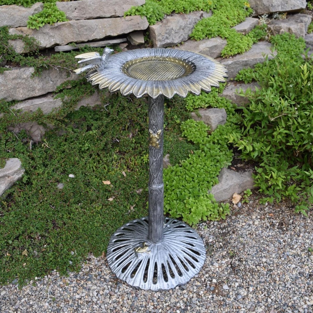 Antique Pewter Sunflower Cast Aluminum Bird Bath | 30.25"H | Weather-Resistant | Silver & Gold | Outdoor Garden Decor MJ's Pet Closet