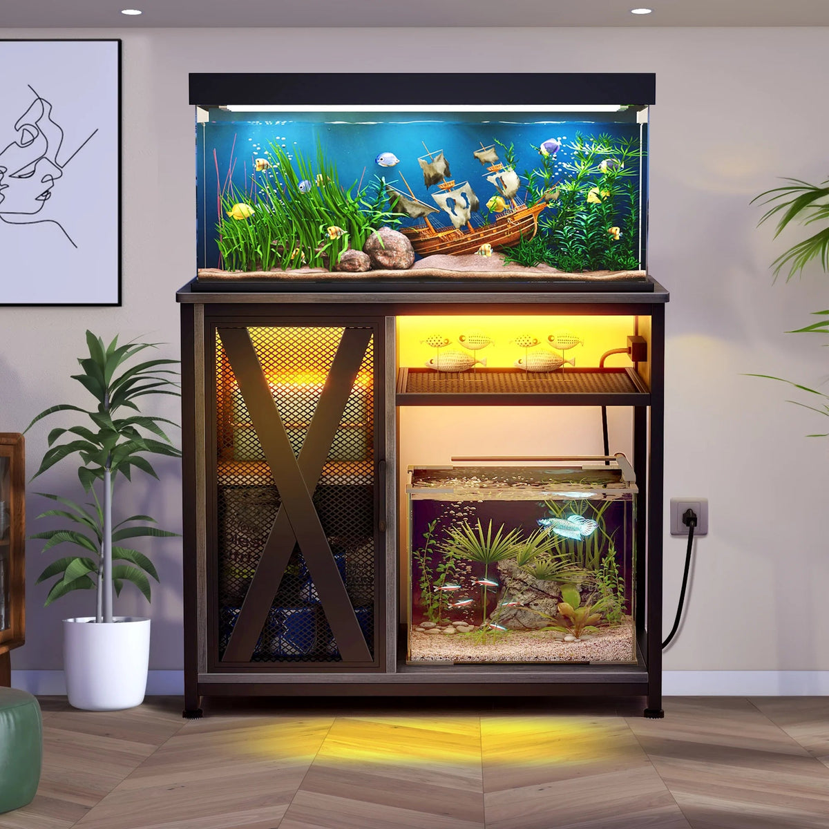 Fish tank with decorative elements on a wooden stand in a room setting.