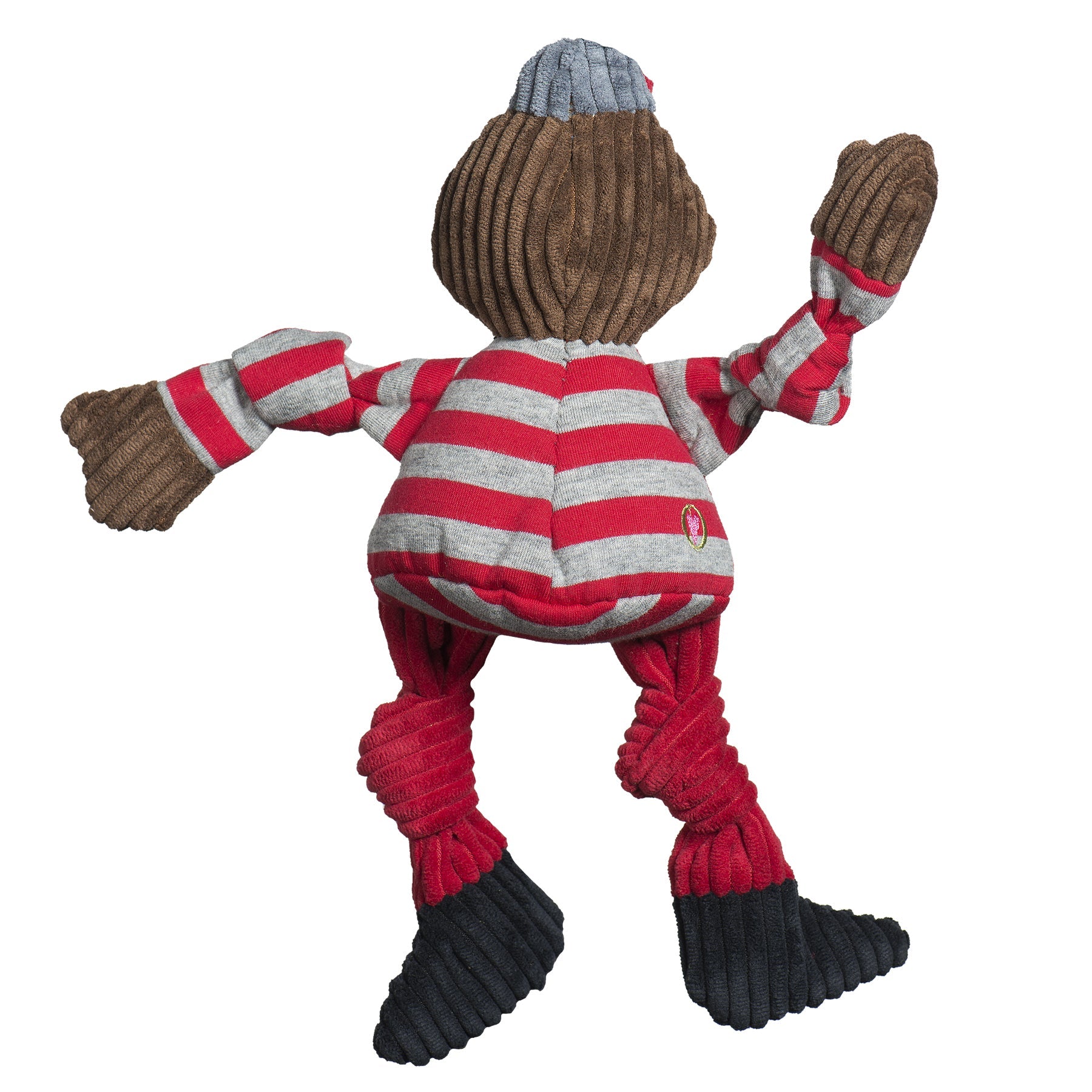 Toy figure with a red and gray striped outfit on a white background