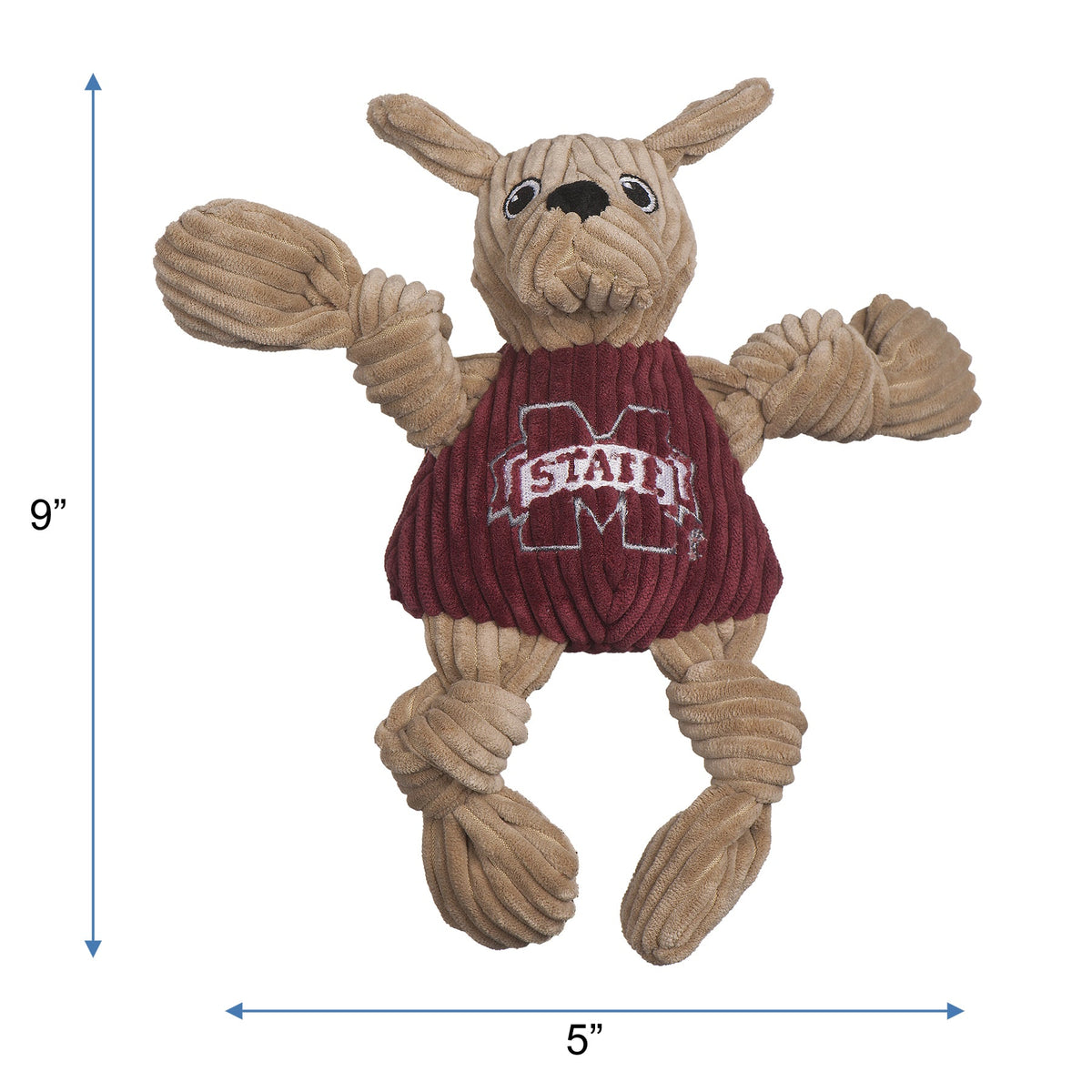 Dog toy resembling a dog in a maroon sweater with 'MSU' on a white background, showing dimensions.