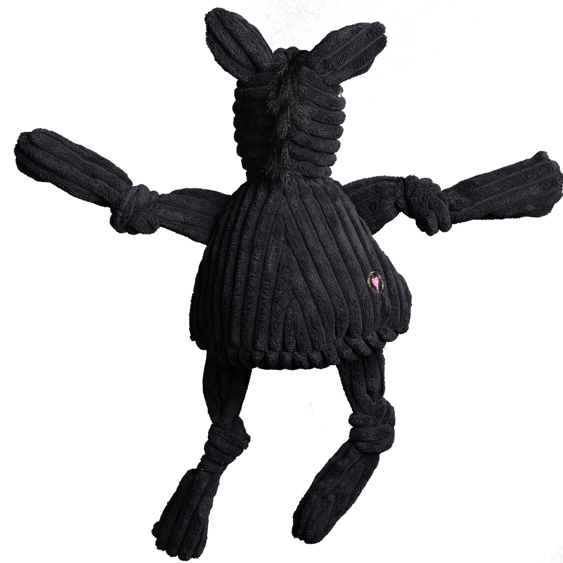 Black knitted dog toy shaped like a horse on a white background