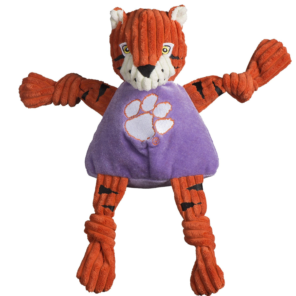 Plush tiger toy with a purple shirt featuring a paw print on a white background