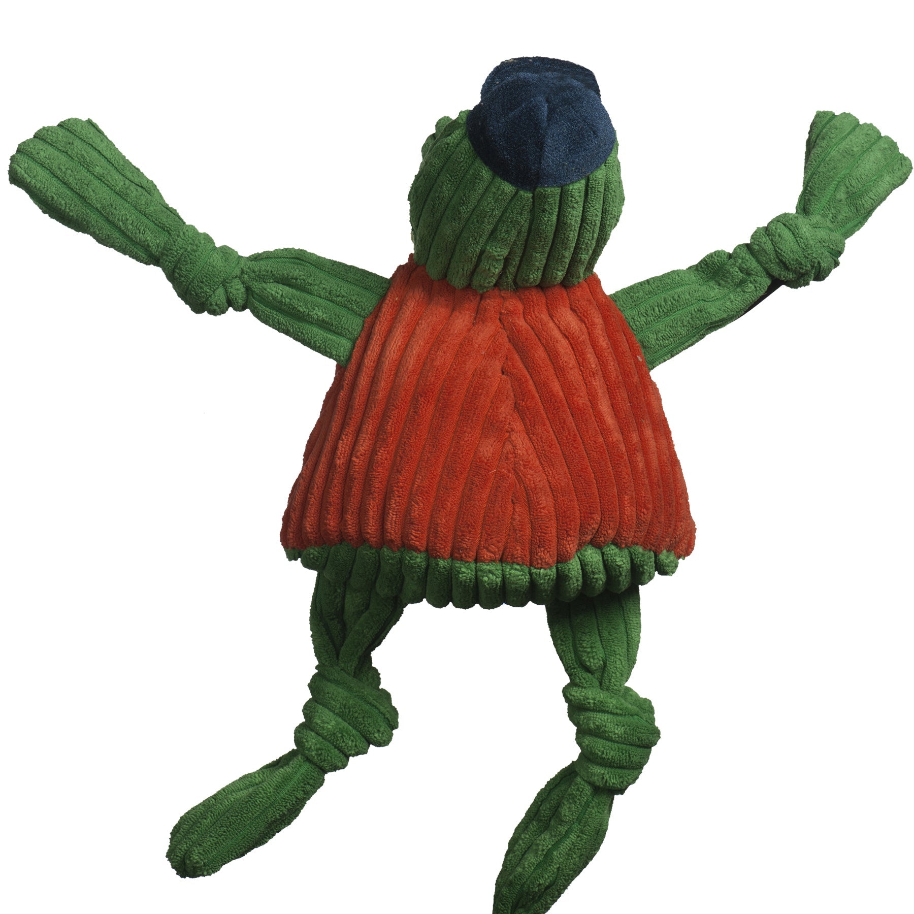 Knitted toy resembling a creature with green arms and legs and a red torso on a white background