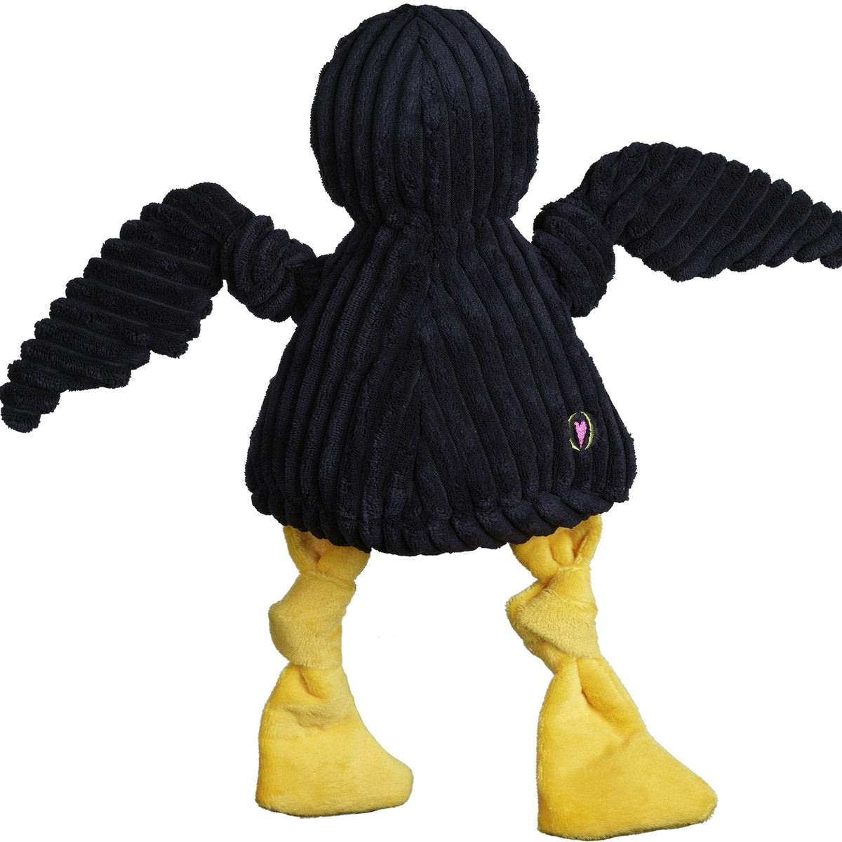 Black plush toy with yellow feet on a white background