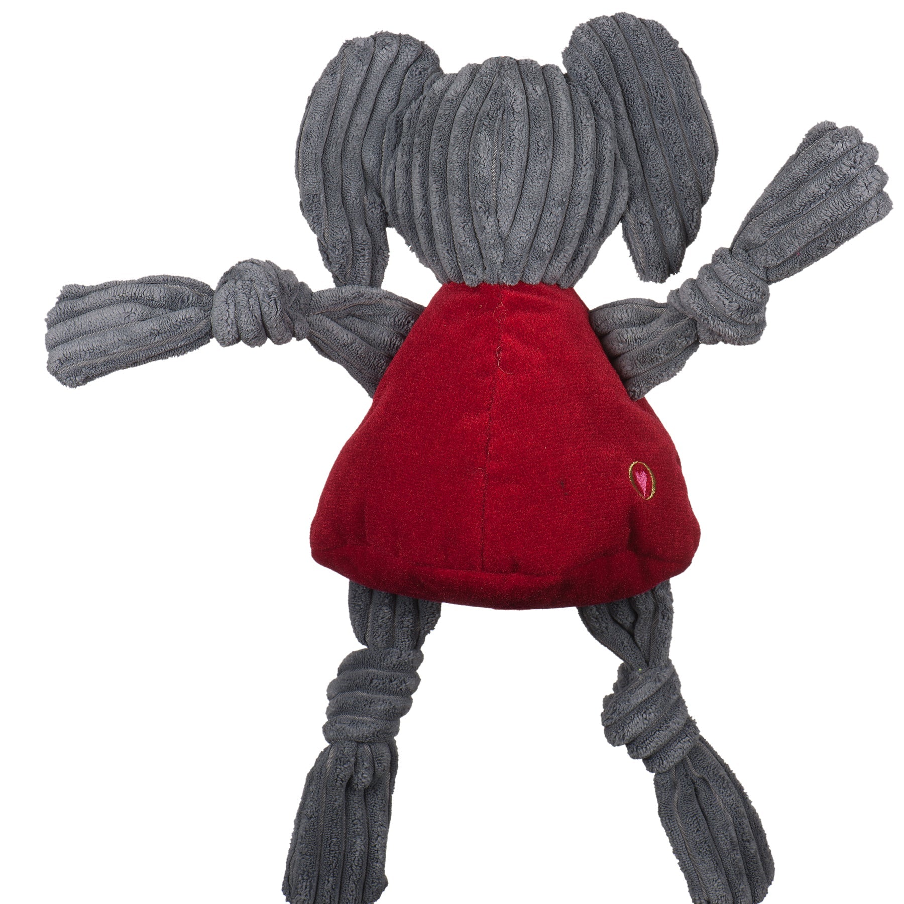 Red dog toy with gray knotted handles on a white background