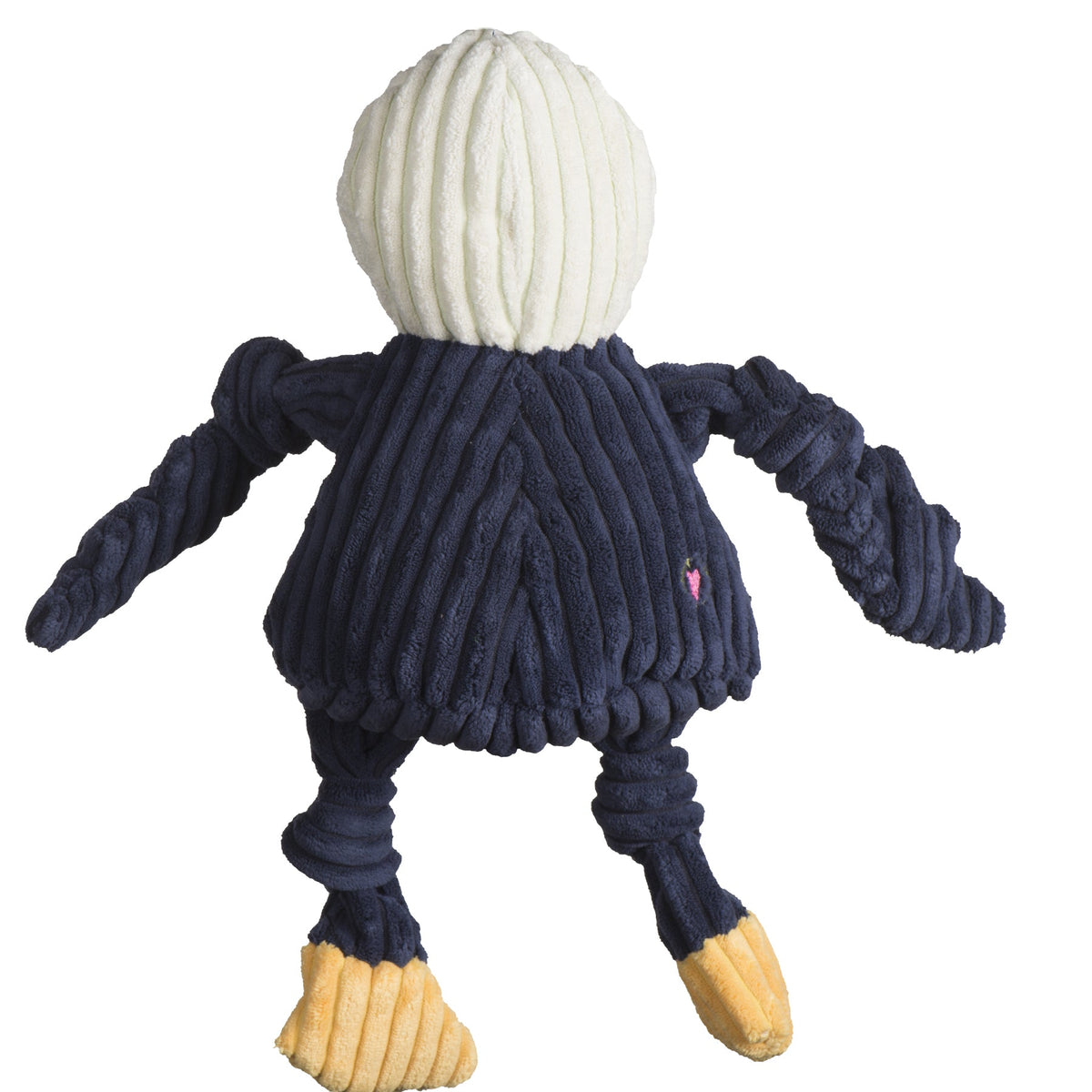 Navy blue knitted toy with a white ball on top against a white background