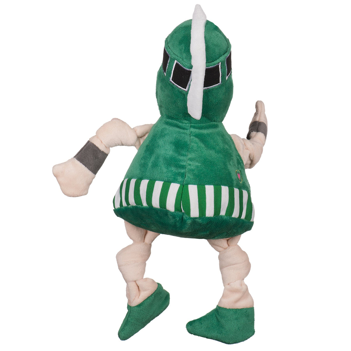 Plush toy resembling a character in a green outfit with white stripes on a white background