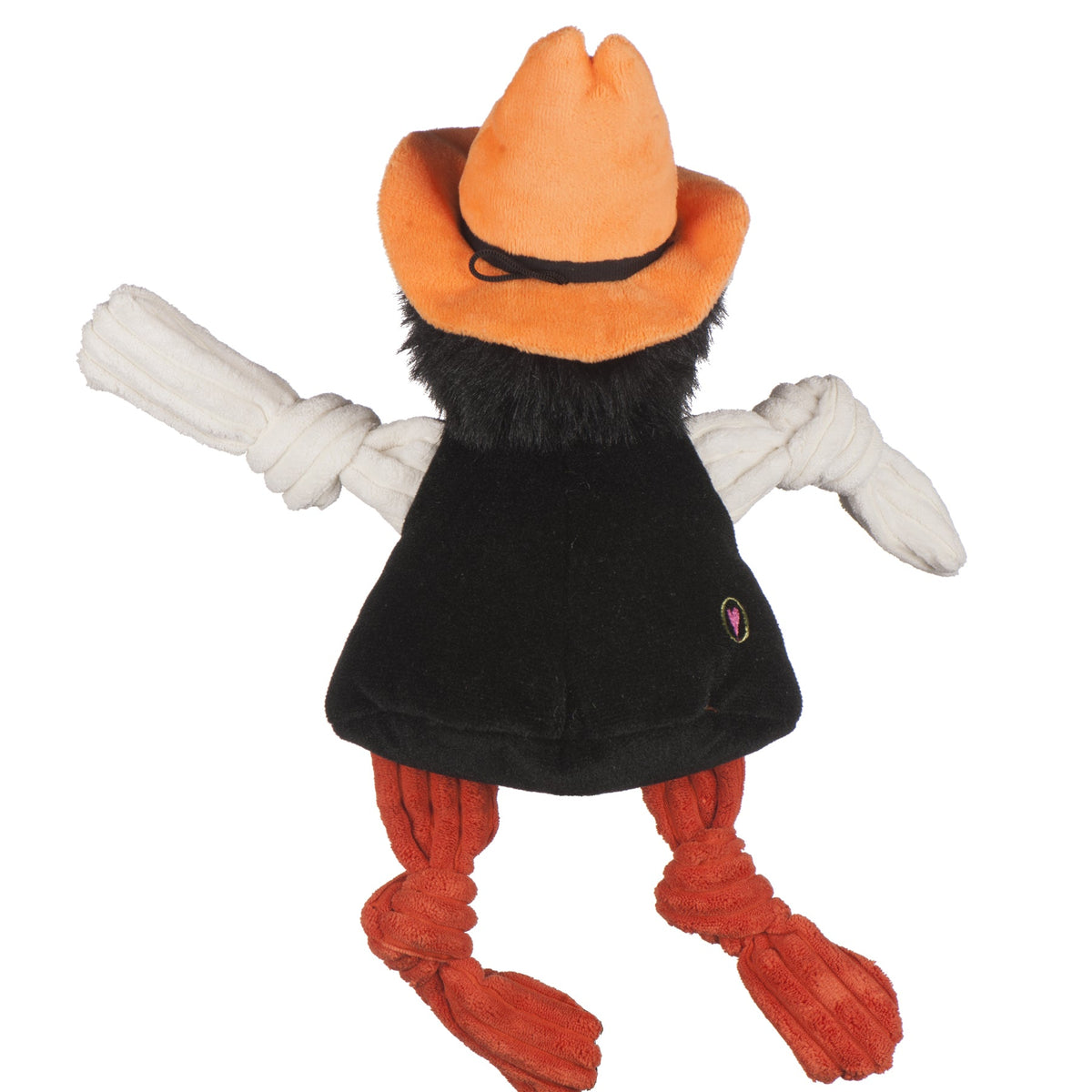 Plush toy resembling a black cat with orange shoes and hat on a white background