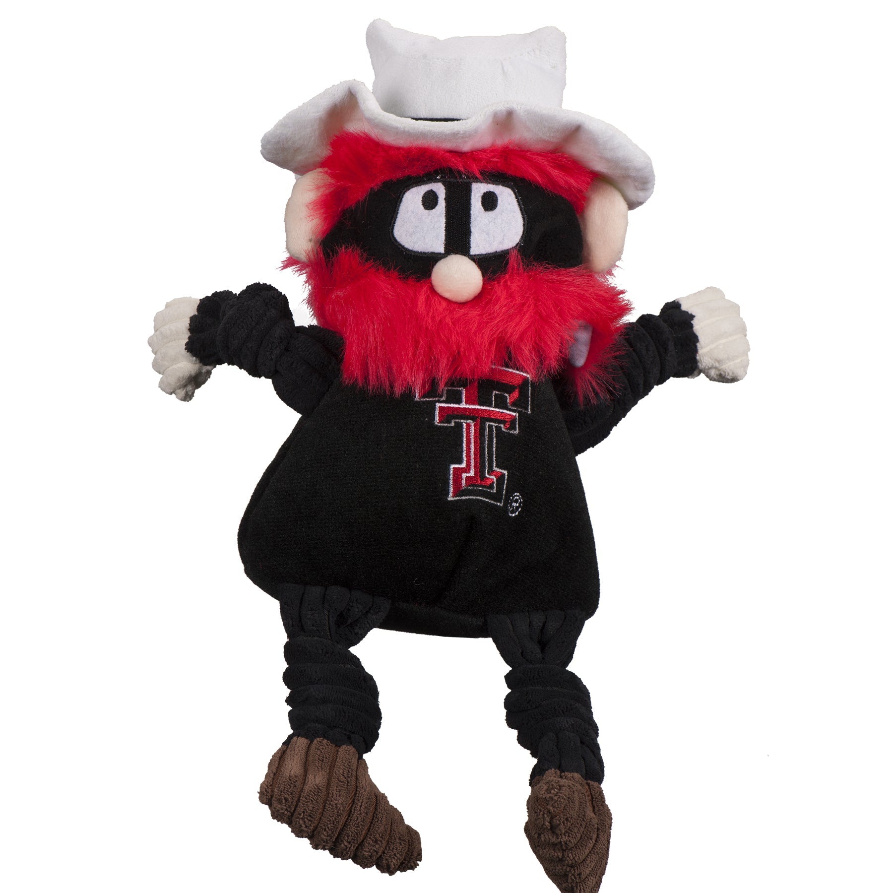 Plush toy resembling a cartoon character with a red and black outfit on a white background