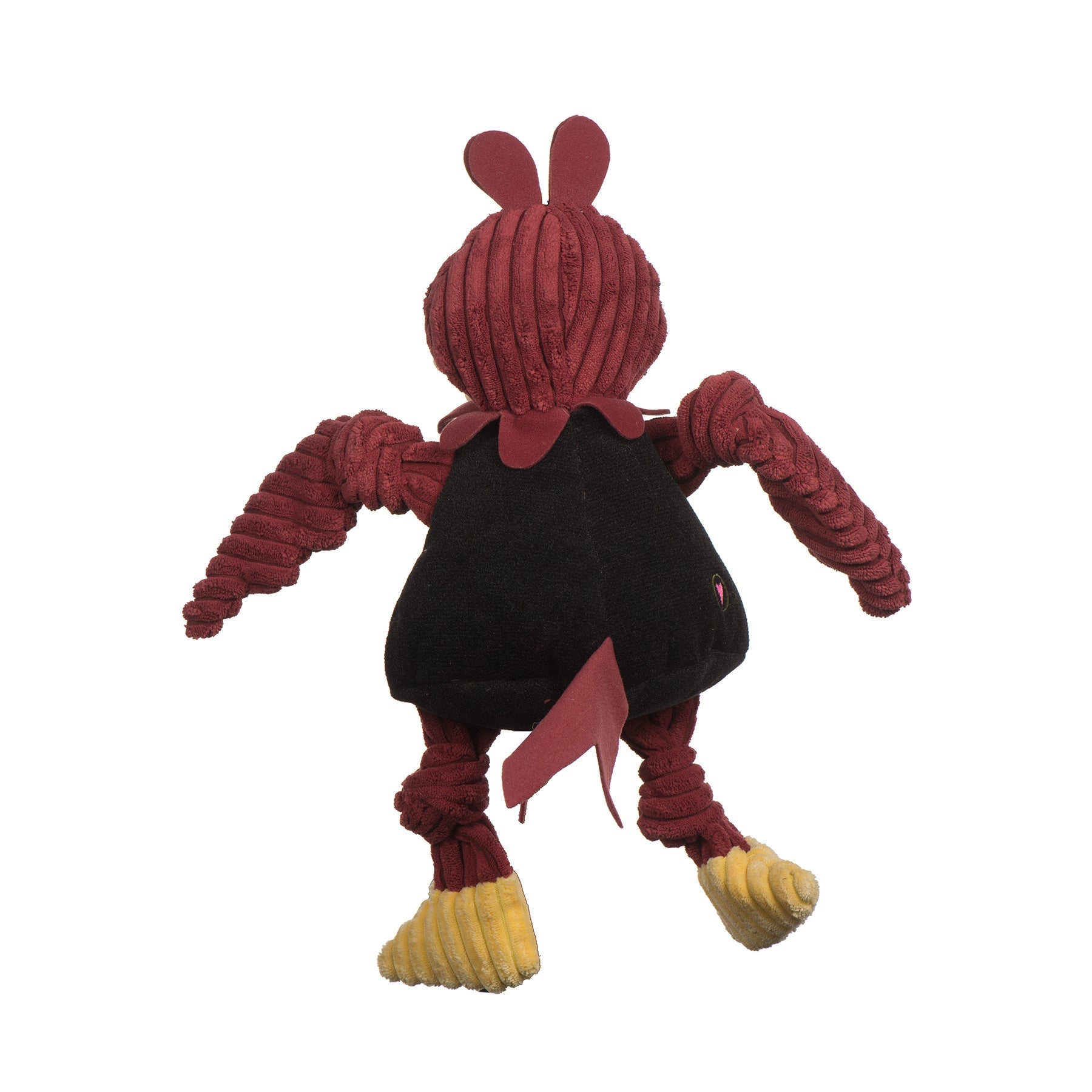 Red and black plush toy with yellow paws on a white background
