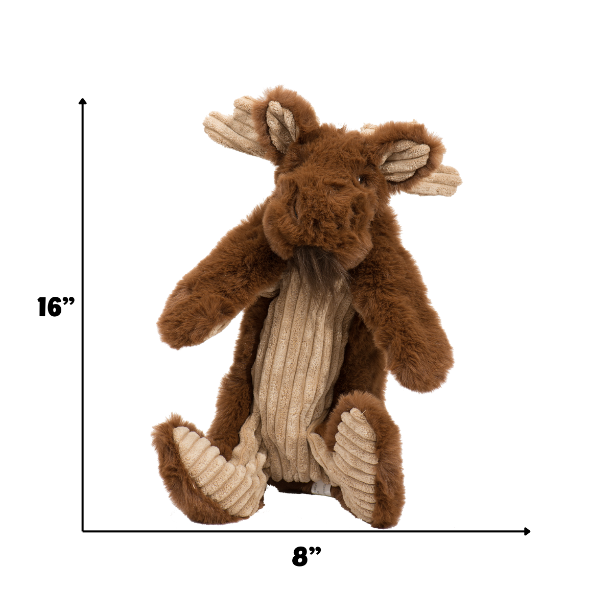 Plush moose toy with measurement indicators on a white background