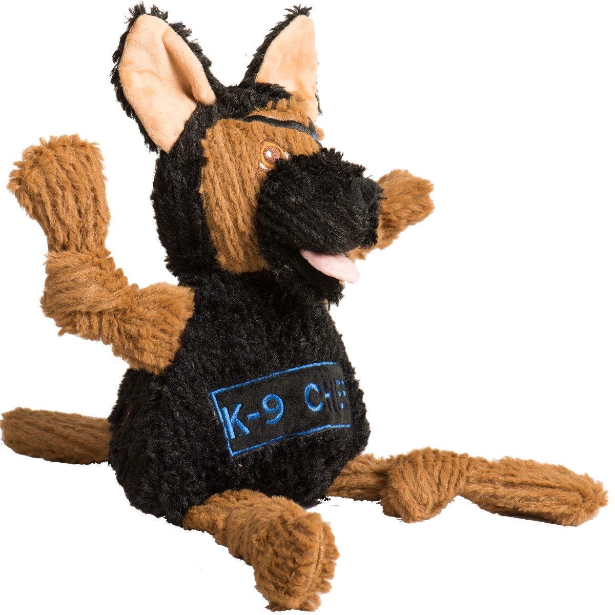 Plush dog toy resembling a German Shepherd with 'K-9 Chief' label on a white background
