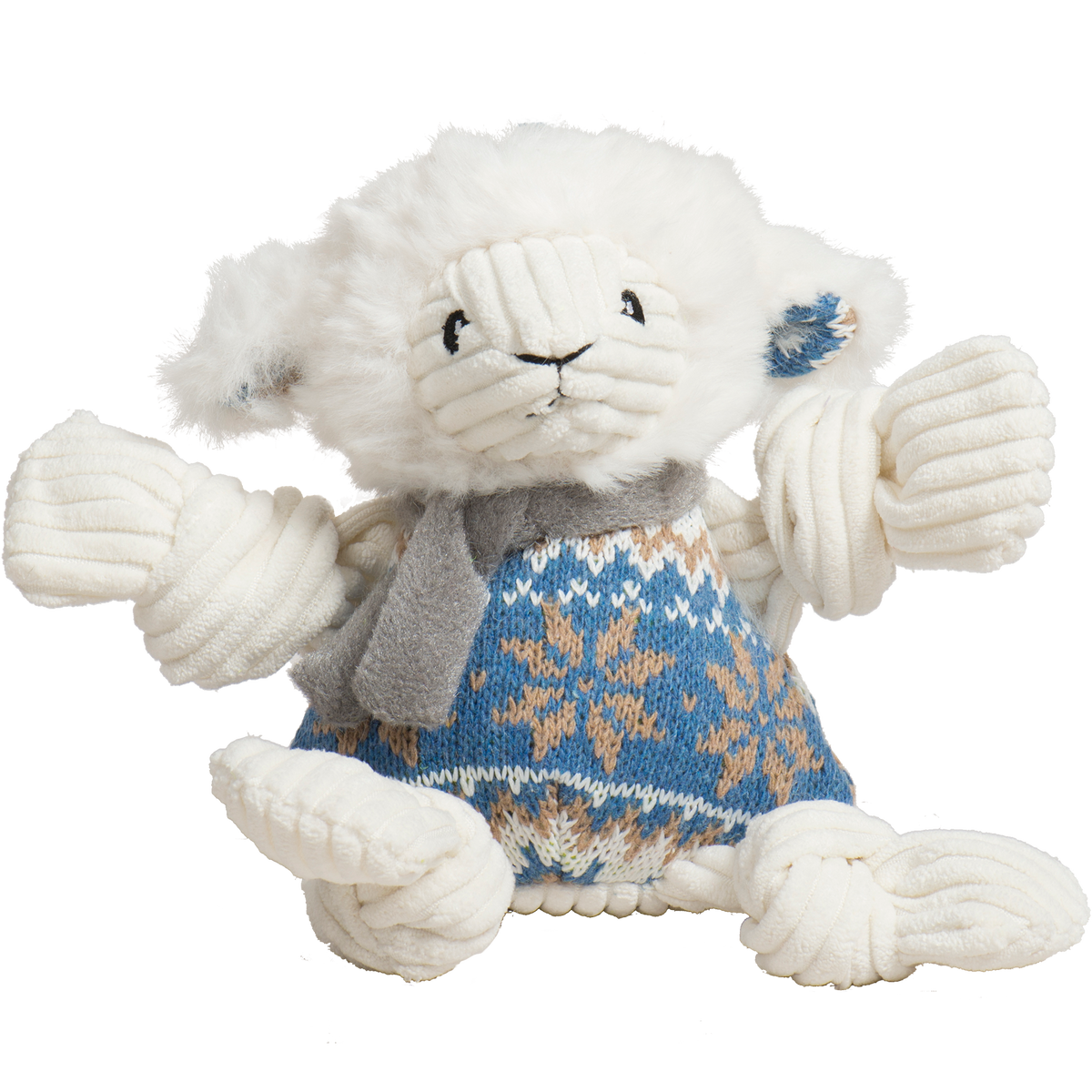 Plush toy bear wearing a blue sweater with a snowflake pattern on a white background