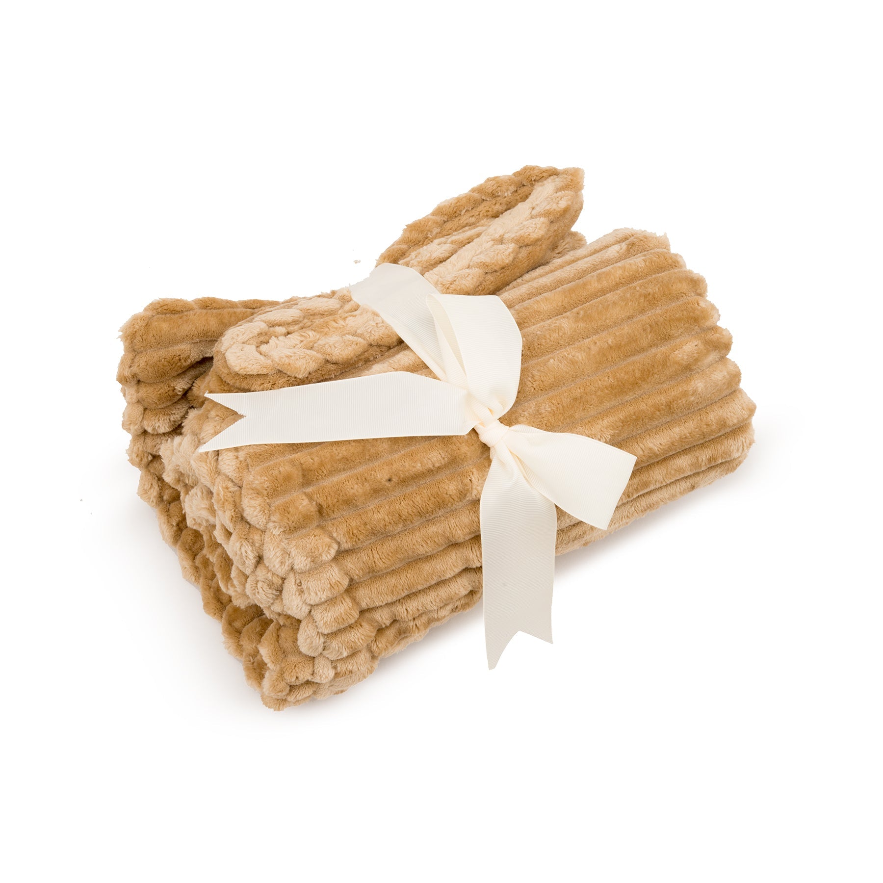 Stack of brown towels tied with a white ribbon on a white background