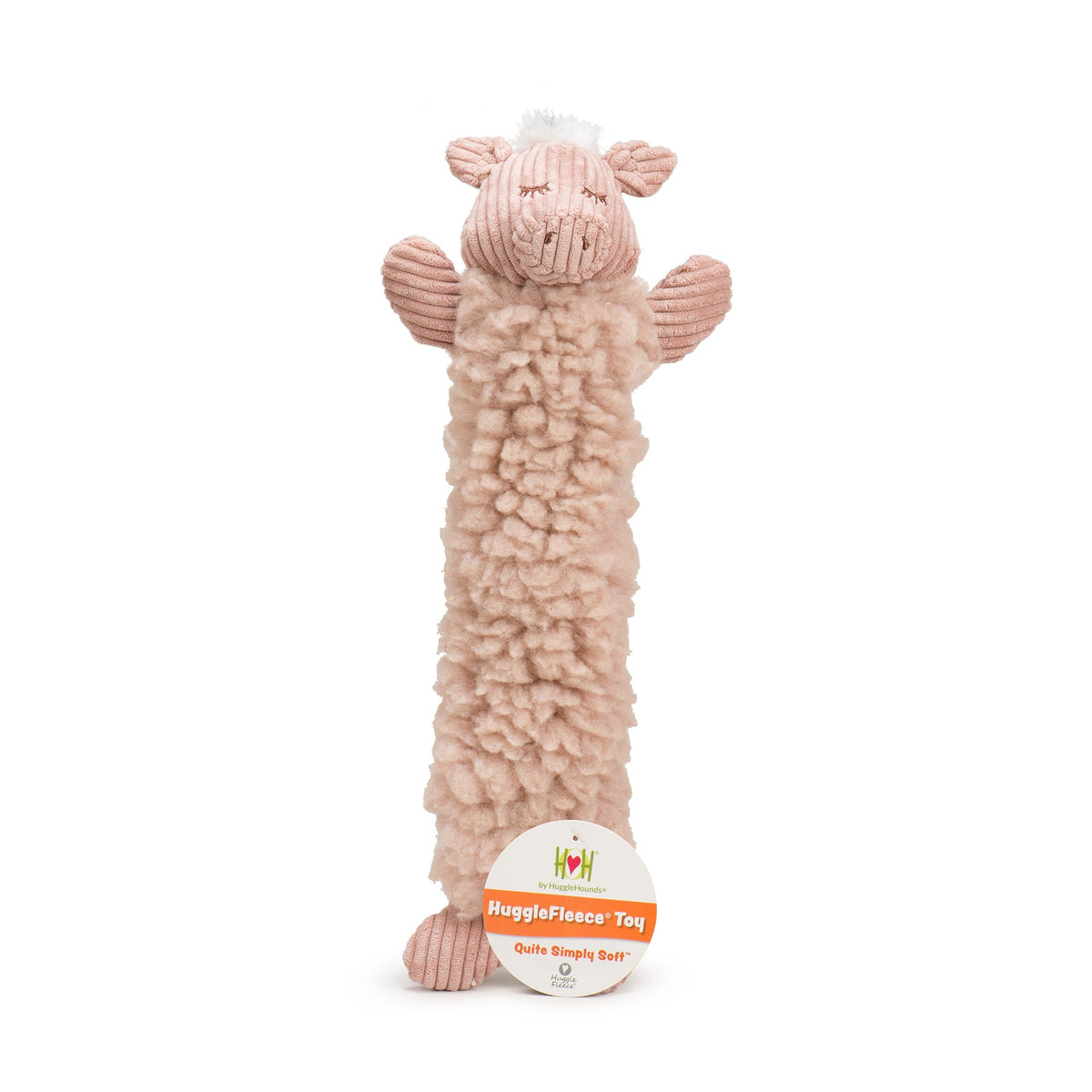 Pink plush toy with a label on a white background