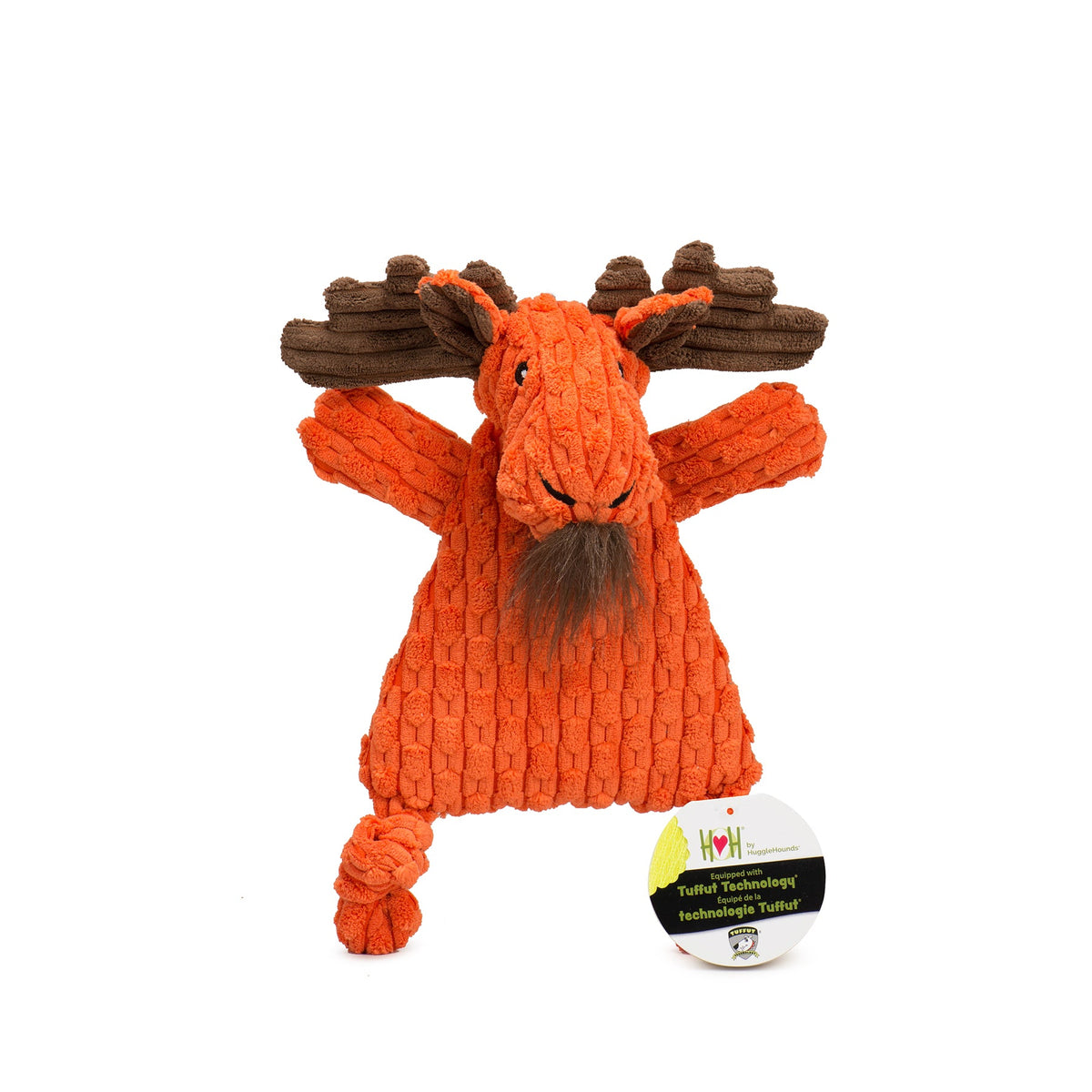 Plush moose toy with a ball featuring a brand logo on a white background